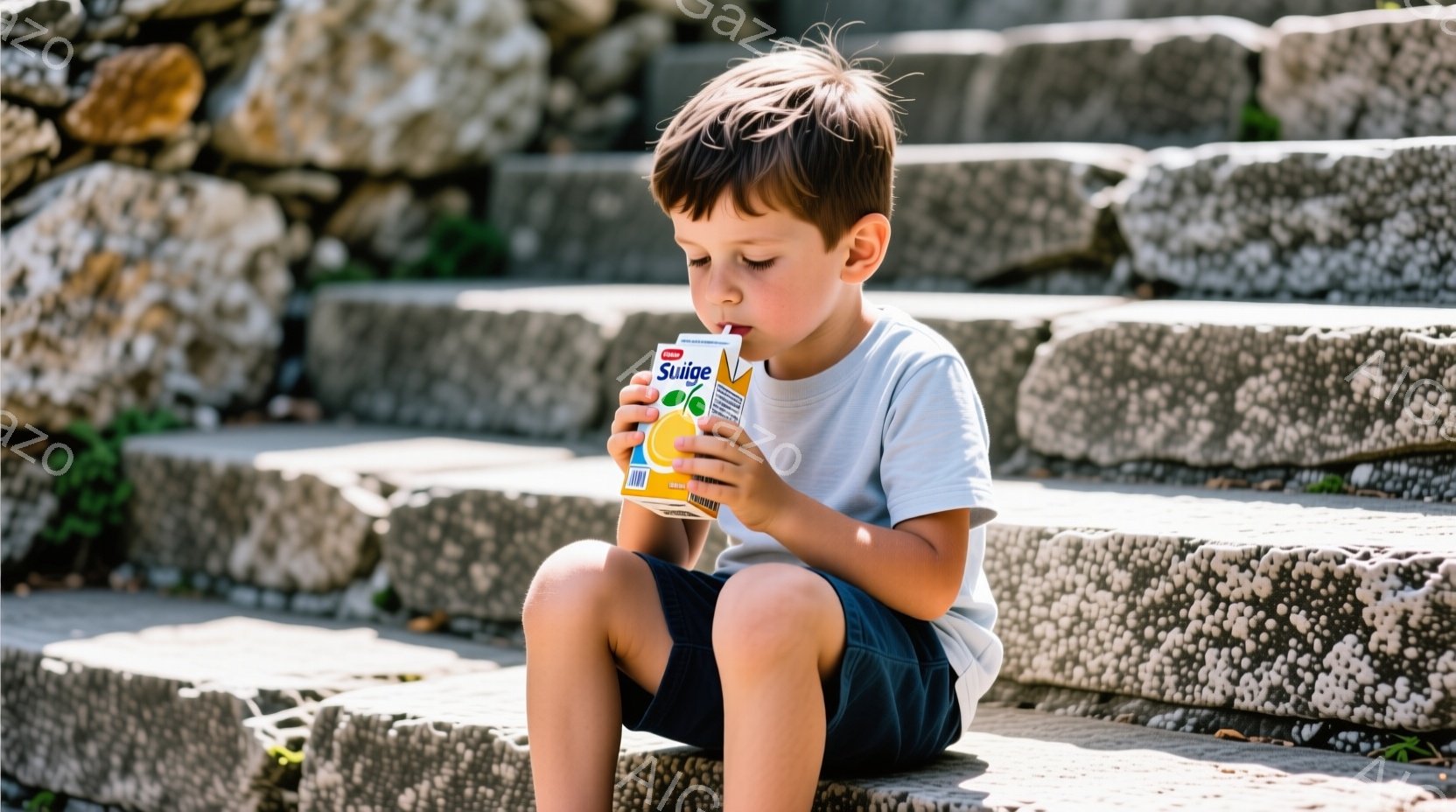 茶色の髪の少年が、石段に座ってオレンジジュースを飲んでいます。少年は白いTシャツと紺色の短パンを着ており、少しうつむき加減でジュースに集中した表情をしています。背景には、緑の草が生い茂り、石段が続いているのが見え、晴れた日の穏やかな雰囲気が漂っています。