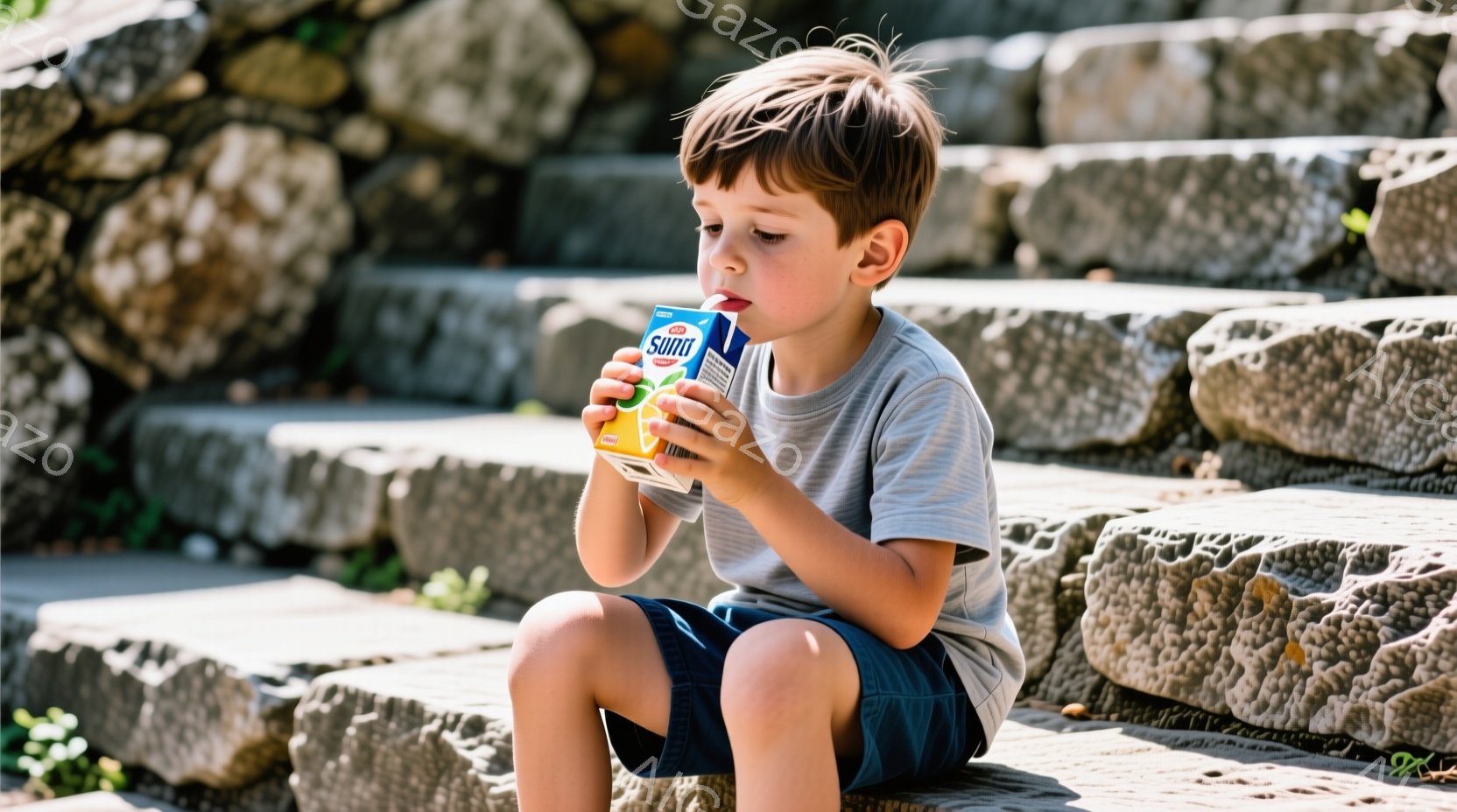 少年は石段に座り、オレンジ色のパッケージのジュースを飲んでいます。彼は灰色のTシャツと紺色の短パンを着ており、金髪で少しカールした髪型をしています。背景は石積みの壁と自然の緑で、晴れた日の穏やかな雰囲気が感じられます。