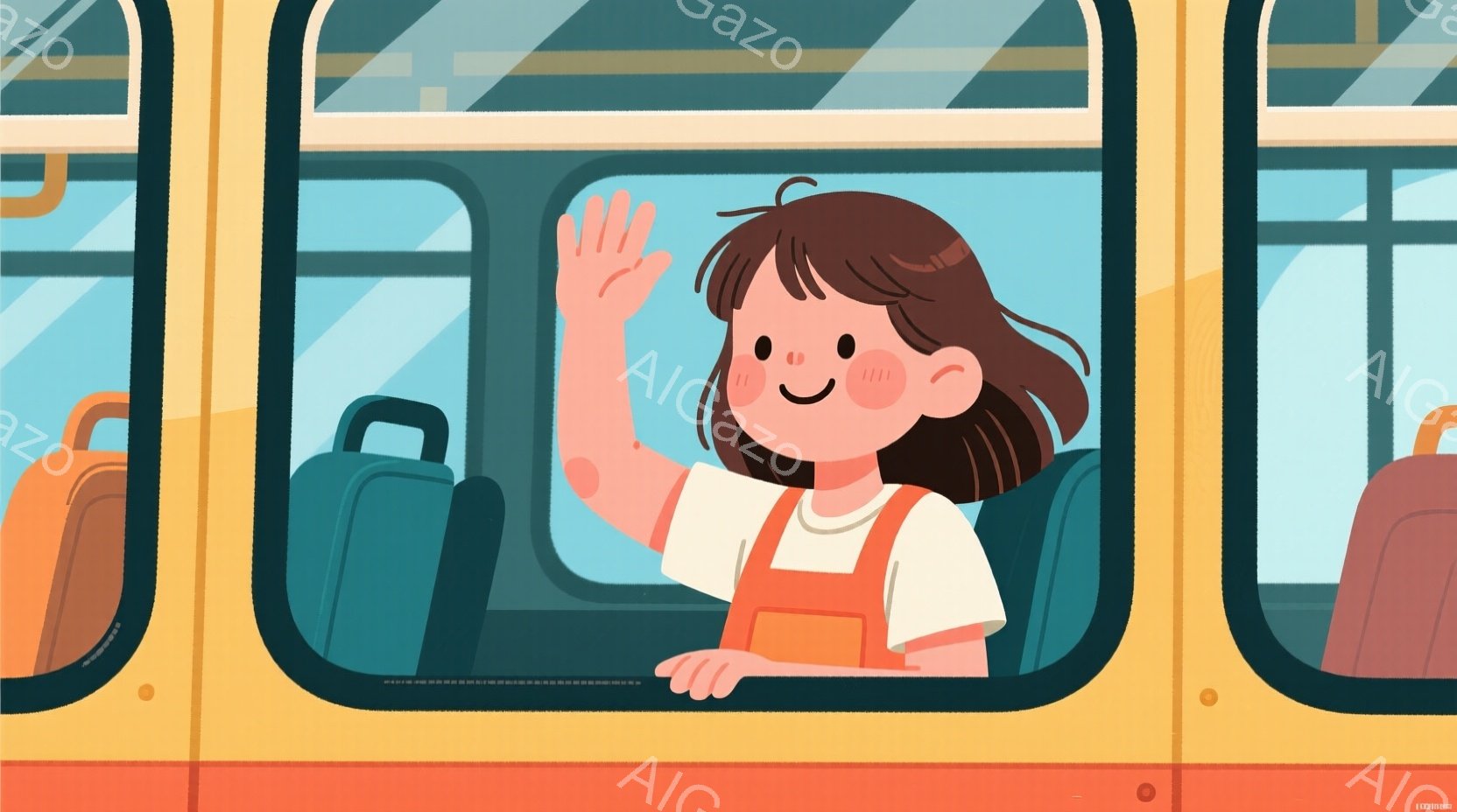 茶髪の少女がバスの窓から手を振っています。白いTシャツにオレンジ色のオーバーオール姿で、笑顔が印象的です。窓の外には青い空と緑色の大きな荷物が見え、明るく楽しい雰囲気が漂っています。