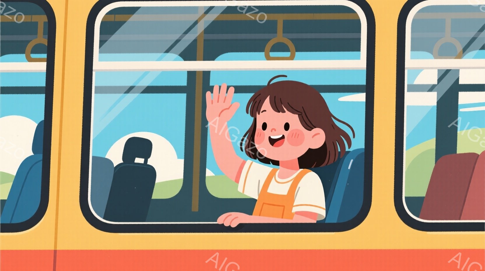 茶髪のショートヘアの少女が、オレンジ色のオーバーオールと白いシャツを着て、バスの窓から手を振っています。彼女は頬を赤らめ、笑顔で、バスの中央付近に座っています。背景には緑の田園風景が広がり、晴れた空が - AI生成フリー素材