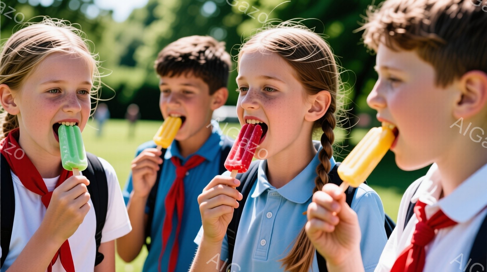 4人の子供たちがアイスクリームを楽しんでいる様子が写っている。彼らはスカウトの制服を着ており、赤いスカーフを首に巻いている。背景には緑豊かな木々と青空が広がり、暖かい夏の日の光景を表している。