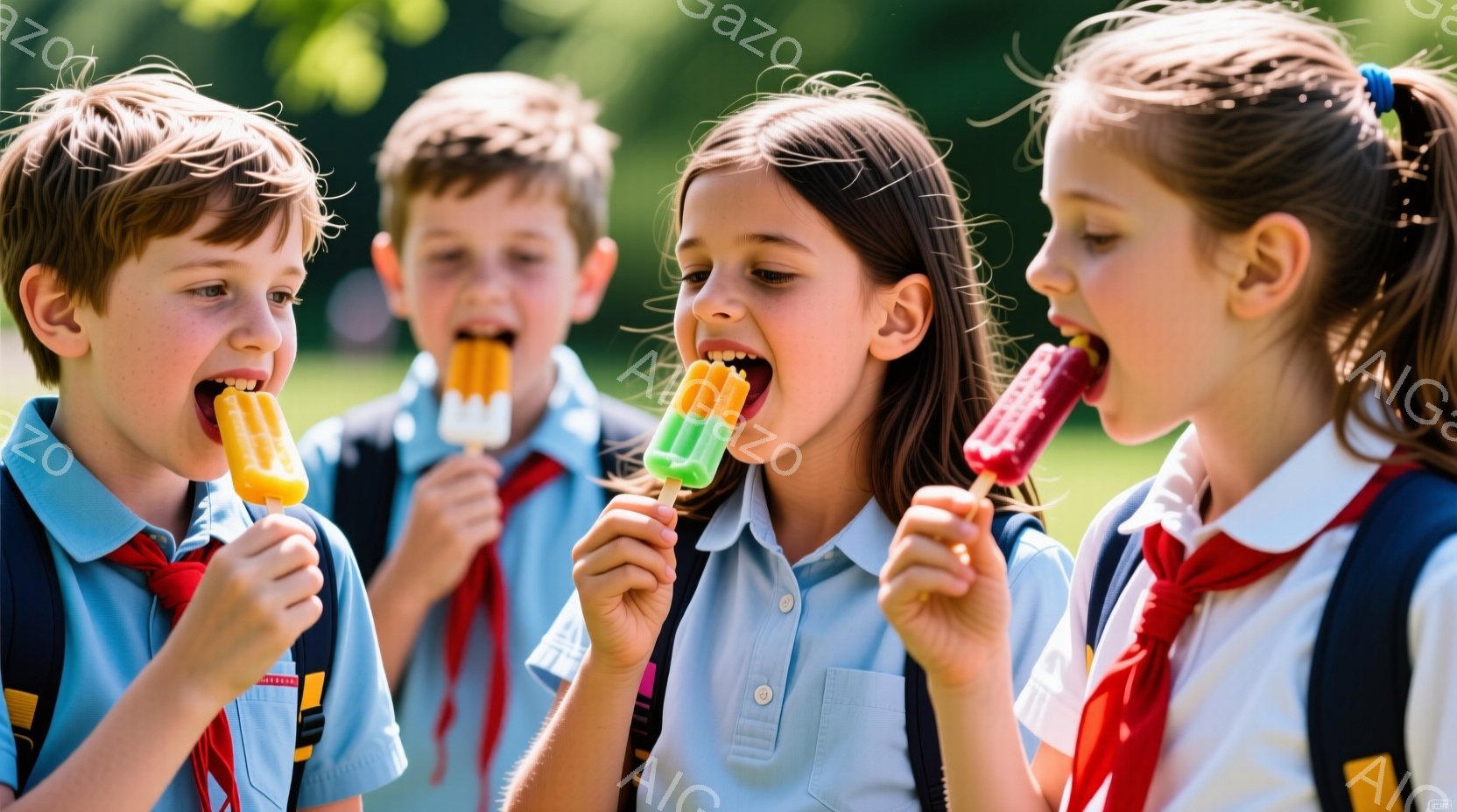 少年少女たちがアイスキャンディーを食べている写真です。青いシャツに赤いスカーフを巻いた制服姿で、楽しそうな表情をしています。背景には緑豊かな木々が見え、晴れた日の屋外でアイスを楽しむ様子が伝わってきま - AI生成フリー素材
