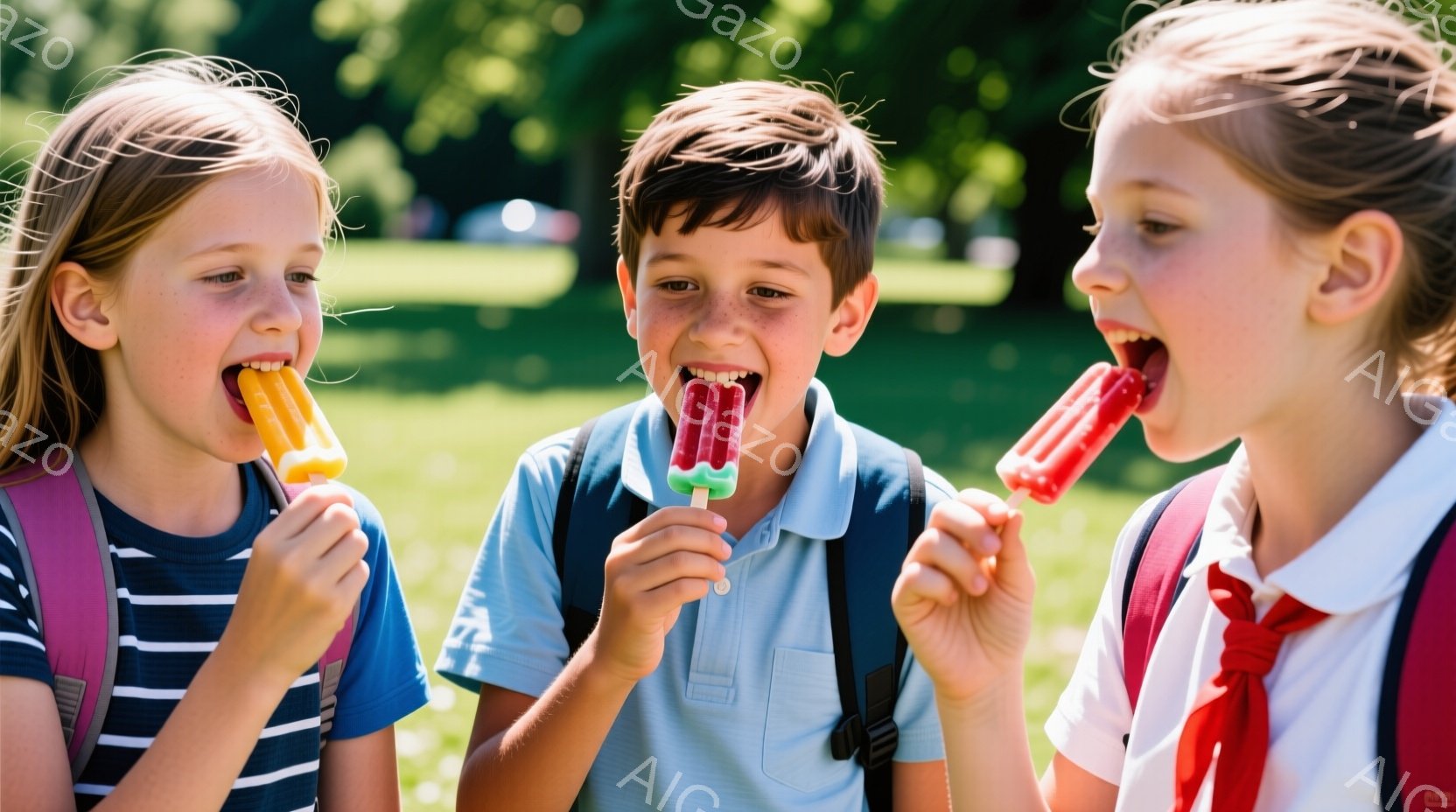 三人の子供たちがアイスキャンディーを楽しんでいる様子が写っています。中央の少年は青いシャツに黒いズボンで、明るく笑いながら赤いアイスキャンディーを舐めています。左右の女の子たちは、それぞれオレンジと赤色のキャンディーを手に、同じように笑顔でアイスキャンディーを味わっています。