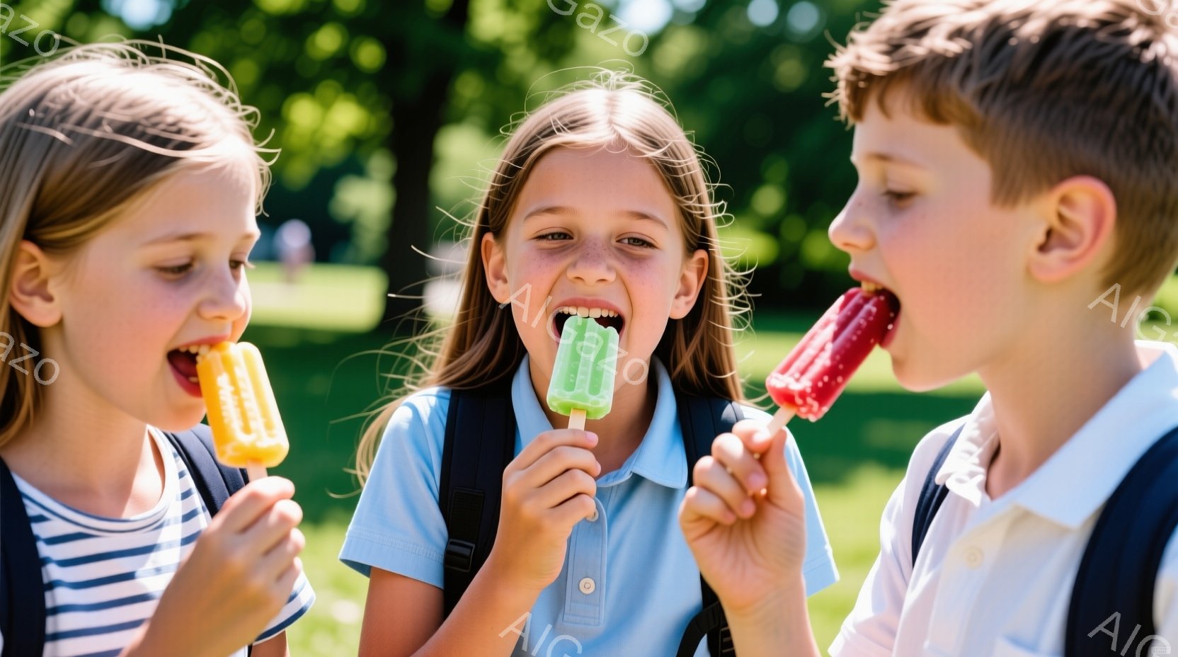 2人の女の子と1人の男の子がアイスキャンディーを食べている様子が写っています。女の子たちは制服のような青いシャツを着ており、髪は長く、明るい表情をしています。背景には緑豊かな木々があり、晴れた日の屋外 - AI生成フリー素材