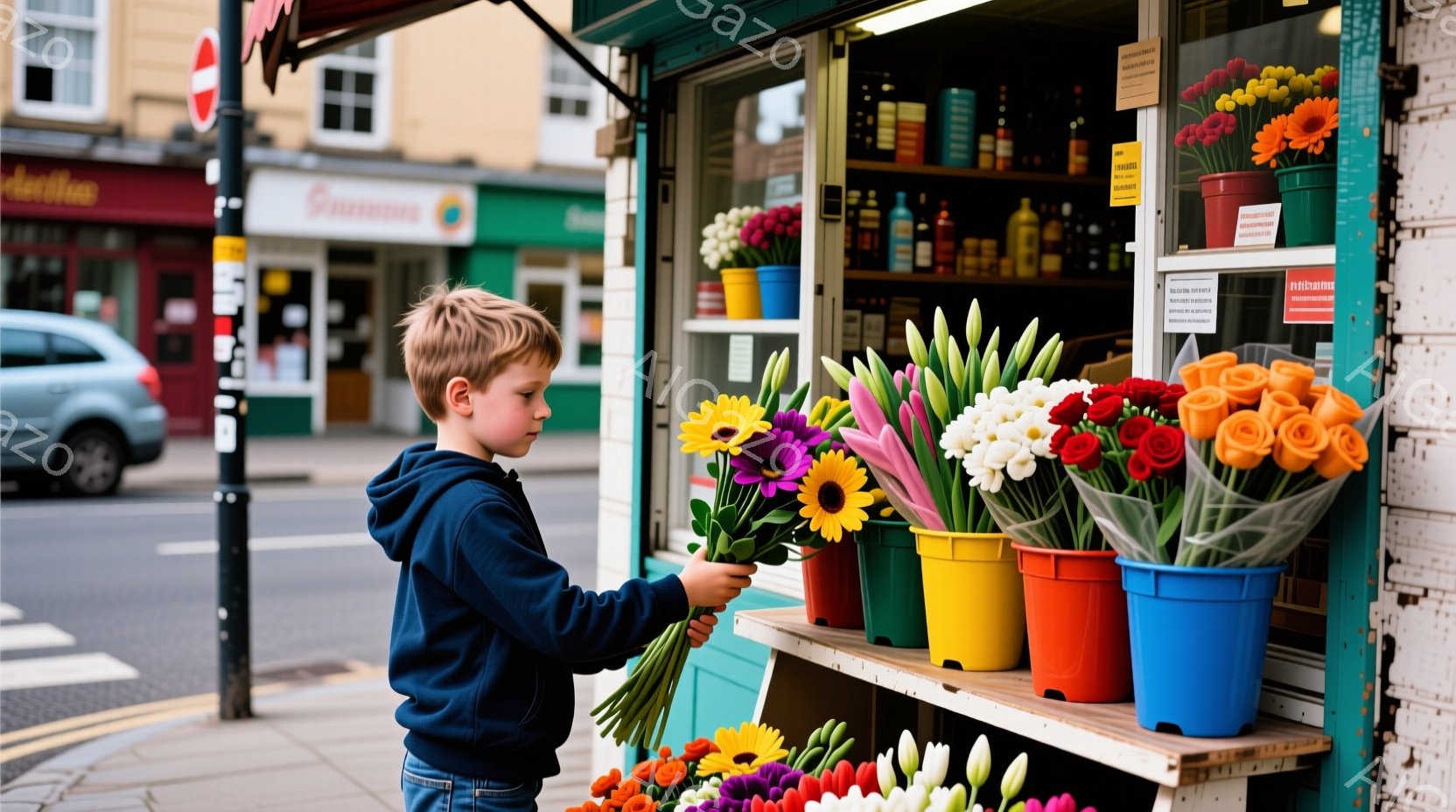 少年が花屋の前に立っており、カラフルな花束を選んでいる。彼は青いパーカーとジーンズを着ており、短く刈り込んだ髪をしている。背景には、花でいっぱいの店と、少し曇った日中の街並みが見える。