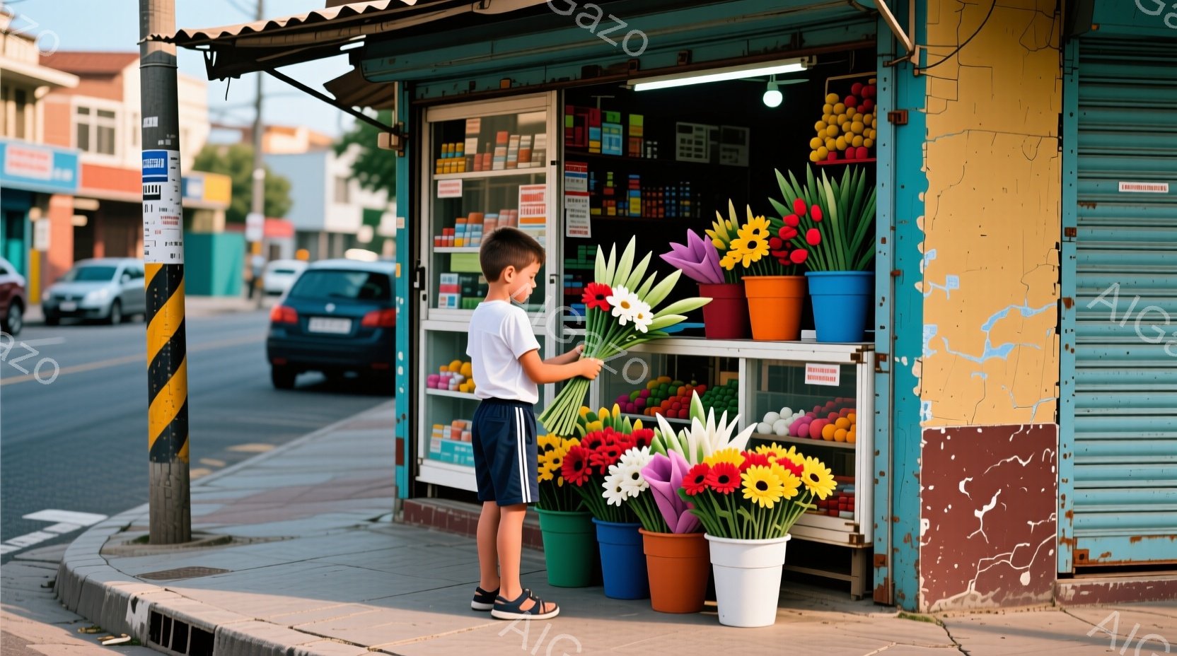 少年は、鮮やかな人工の花束を手に、路上の小さな店舗の前で立っている。彼は白いTシャツと紺色の短パン、サンダルを履いており、やや真剣な表情で花を見ている。背景には、色とりどりの建物が並び、天候は晴れで、日中の活気のある街並みの一コマを切り取ったような雰囲気である。