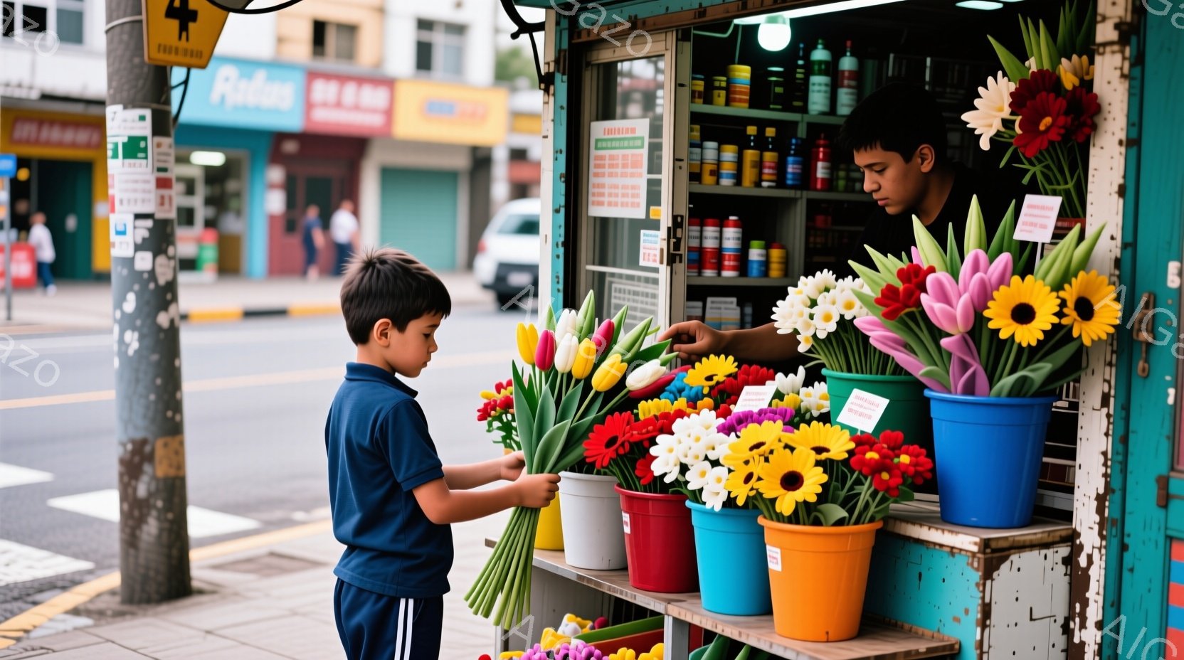 見た目の鮮やかな花が並んだ屋台の前で、少年が花束を選んでいる。少年は青いTシャツと白いスウェットパンツ姿で、少し前かがみの姿勢で花を見つめている。背景には店が並び、晴天の下、屋台が賑やかな通りに設置されている様子がうかがえる。