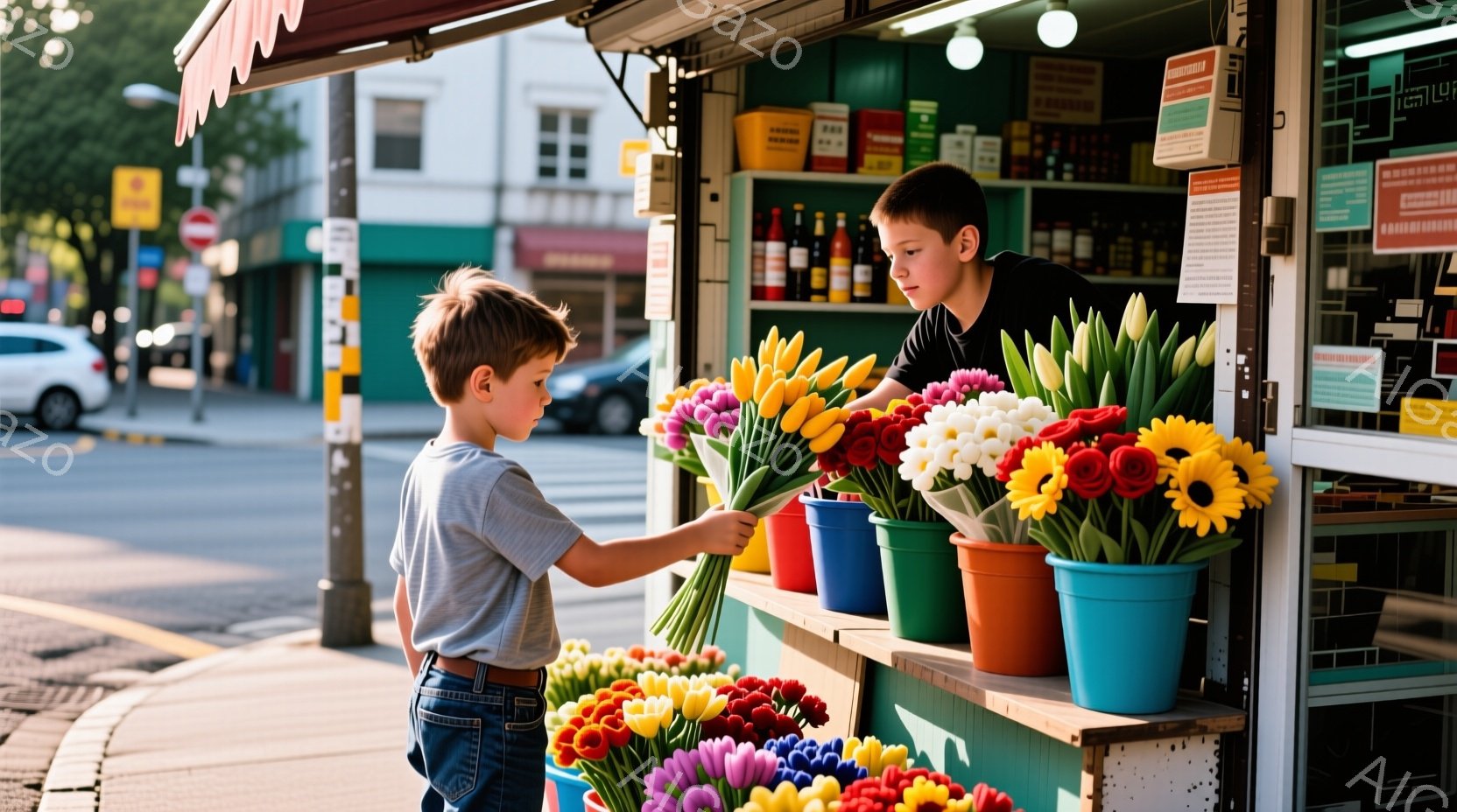 若い少年が花屋で花を買いそうな様子が写っています。少年はグレーのTシャツとジーンズを着用し、短い茶色の髪をしています。花屋は通りに面しており、様々な色のチューリップやヒマワリが並んでいます。
