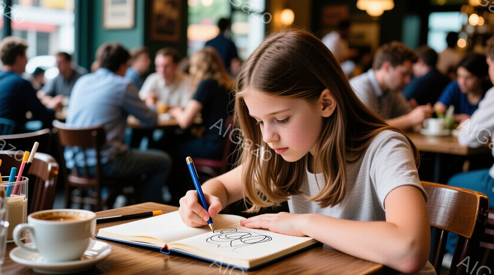 若い女の子がテーブルに座り、スケッチブックに青いペンで何かを描いている。彼女はグレーのTシャツを着ており、髪は肩までの長さで、少しカールしている。背景には、他のパトロンで賑わうカフェの様子が見え、暖かく活気のある雰囲気が漂っている。