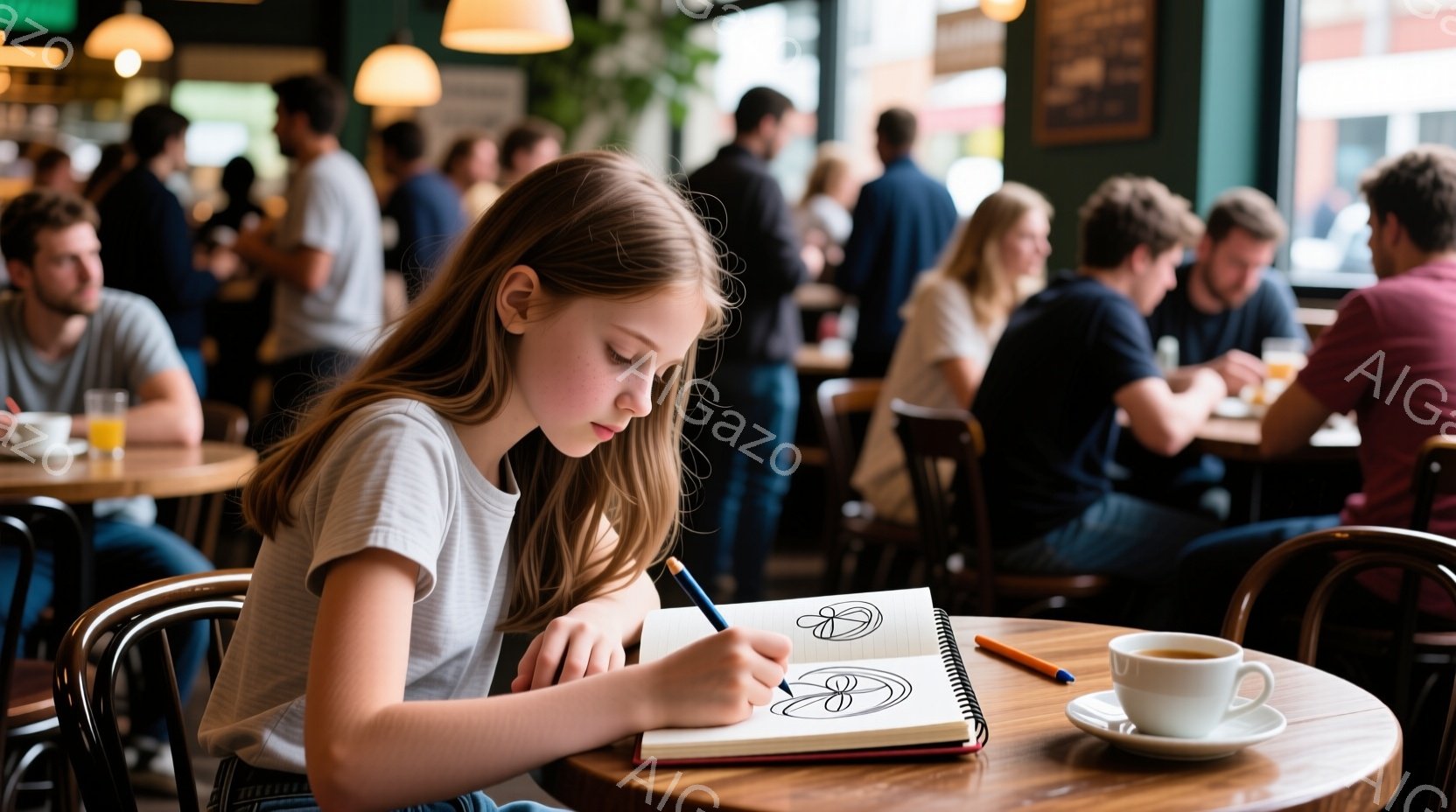 若い女性が丸い木製のテーブルでスケッチブックに集中して絵を描いている。彼女はグレーのTシャツを着ており、髪は肩まで伸びて自然なウェーブがかかっている。背景には、他の客が座っているカフェの様子が見え、暖色系の照明と木製の家具が落ち着いた雰囲気を醸し出している。