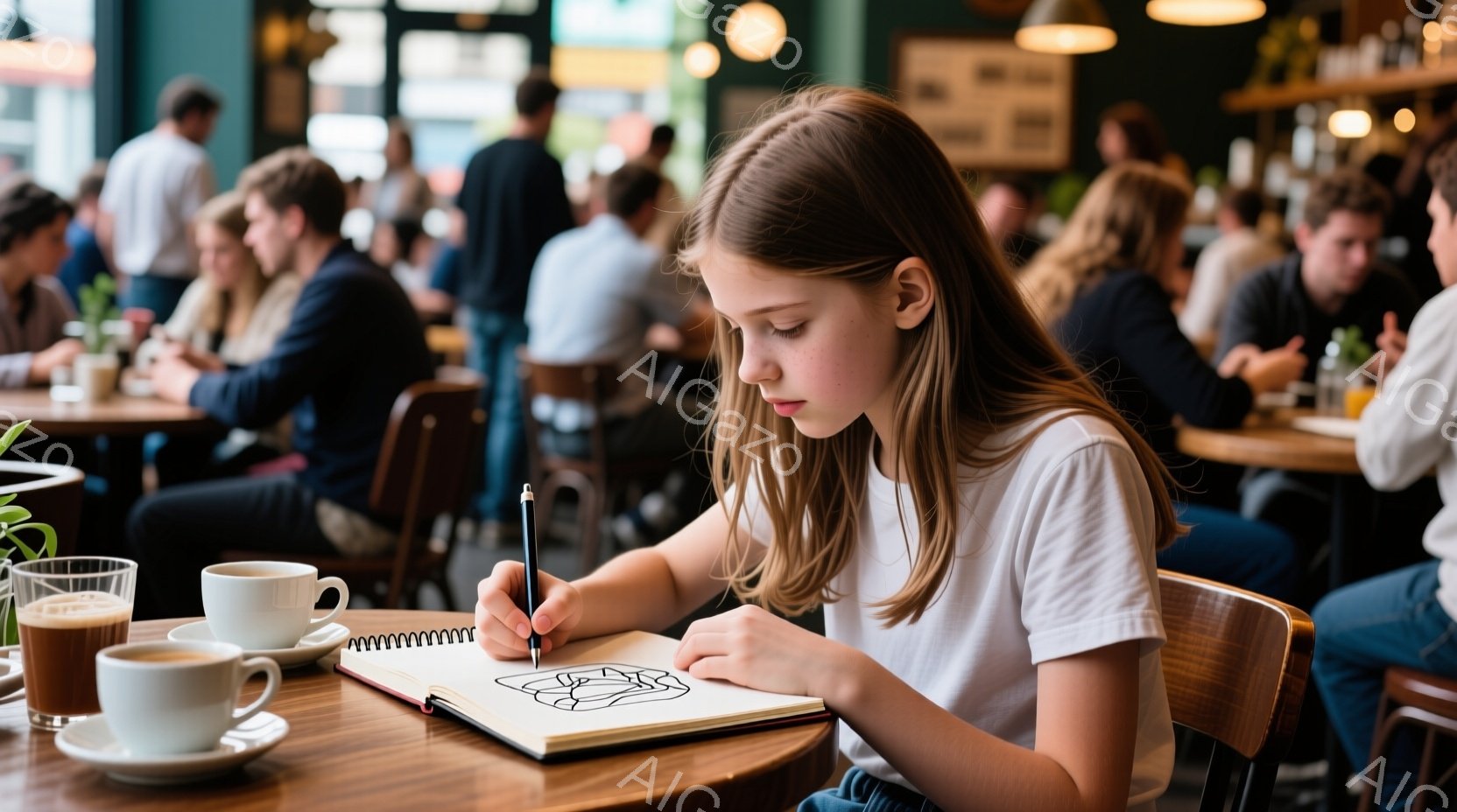 若い女性がカフェでスケッチブックに集中して何かを描いている。彼女は白いTシャツを着て、髪は肩まで伸びた茶髪で、前髪が目にかかっている。カフェは賑やかで、多くの人が食事や会話を楽しんでいる様子が背景に見える。