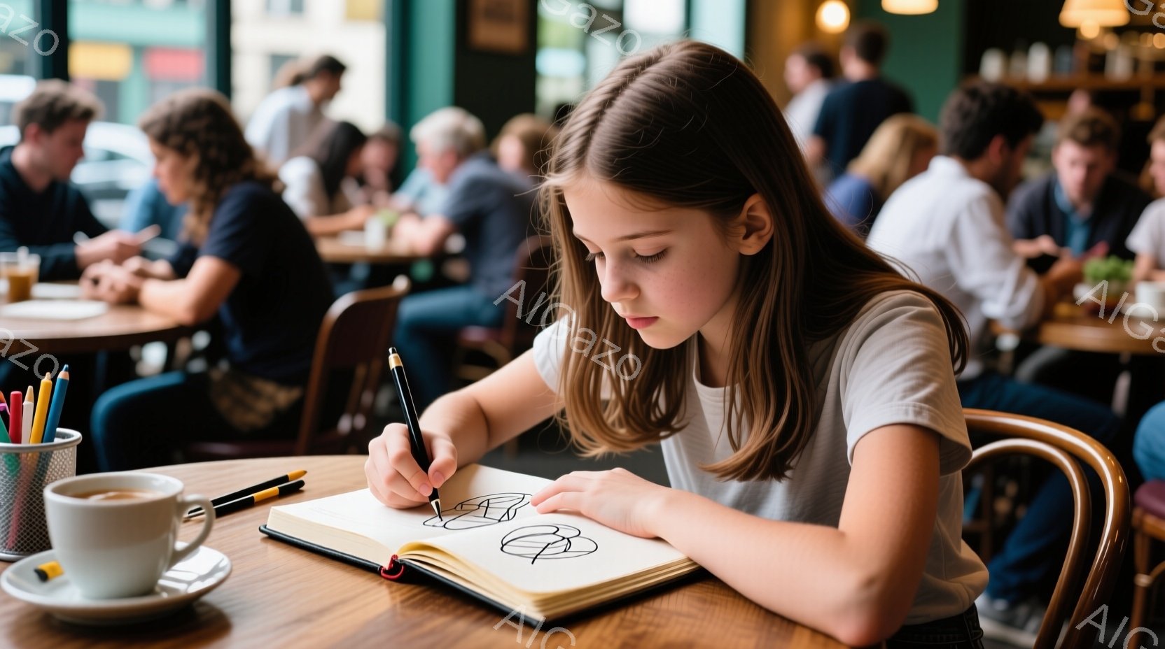 茶色い木製のテーブルに座る少女がスケッチブックに集中して絵を描いている。彼女は白いTシャツを着ており、髪は肩にかかる長さで、前髪は少しカールしている。背景には他の客が座るカフェの光景が見え、温かく賑やかな雰囲気が漂っている。