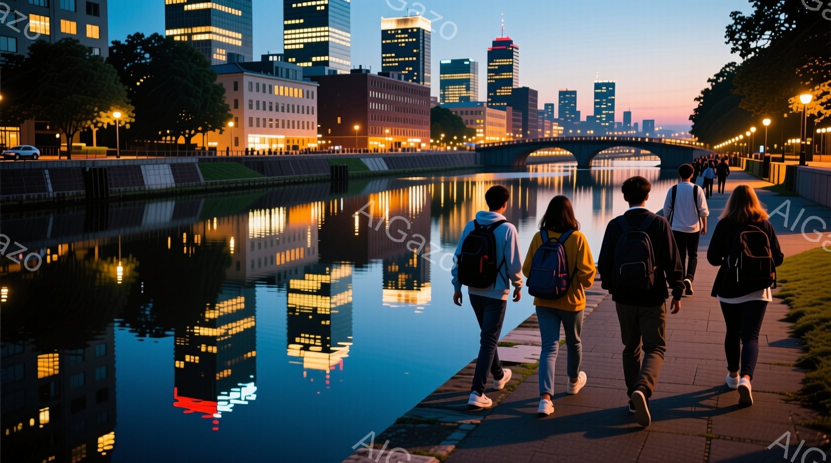 川沿いの遊歩道を歩く4人の人物が写っている。彼らは皆バックパックを背負い、カジュアルな服装で、後ろ姿のみが見える。背景には高層ビル群が立ち並び、川面にはそれらの光が反射して美しい光景を作り出している。