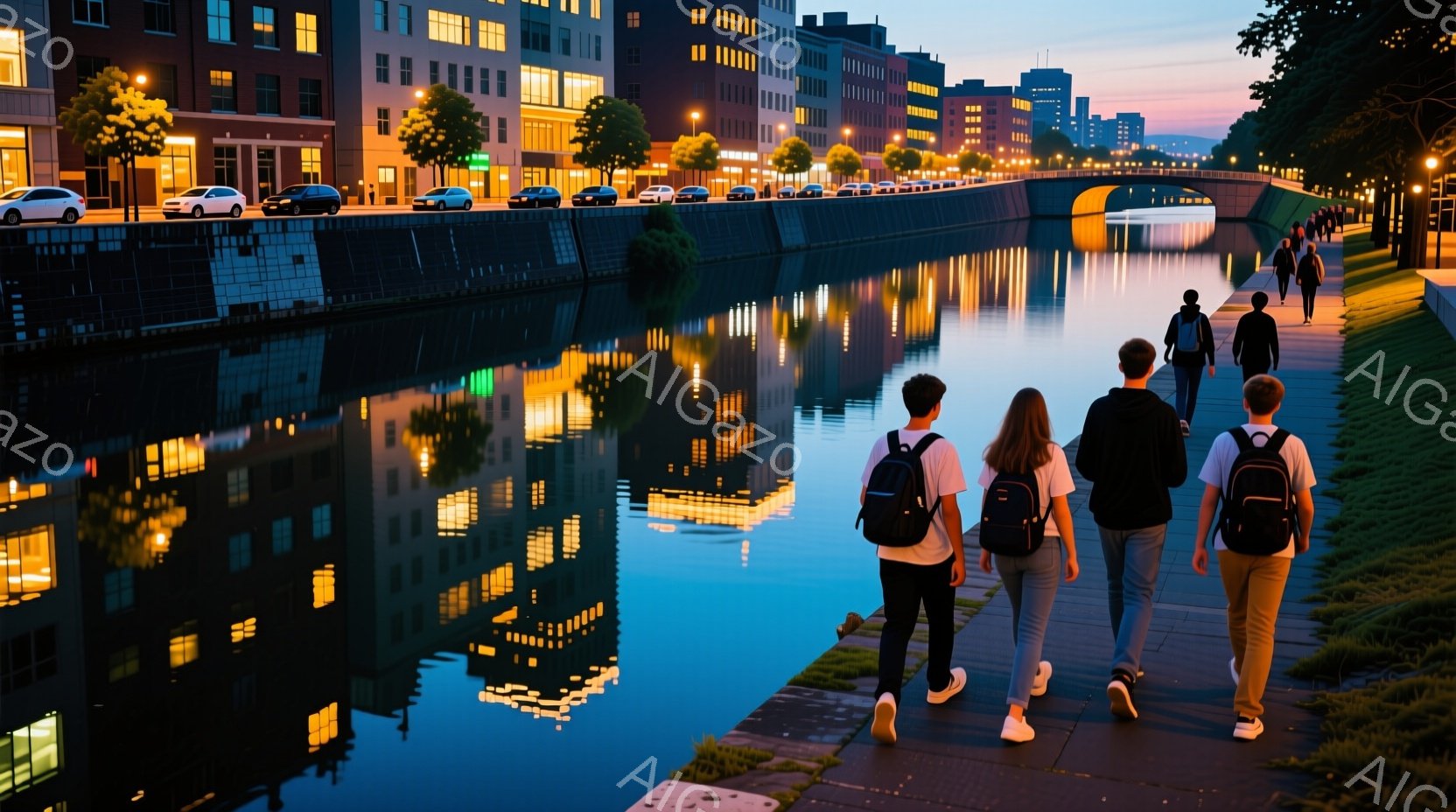 運河沿いを数人の若者が歩いている写真です。皆、リュックサックを背負い、カジュアルな服装で、前を向いて歩いているため、表情ははっきり見えません。背景には、ライトアップされた近代的な建物が並び、水面にその光が反射して美しい景観を作り出しています。