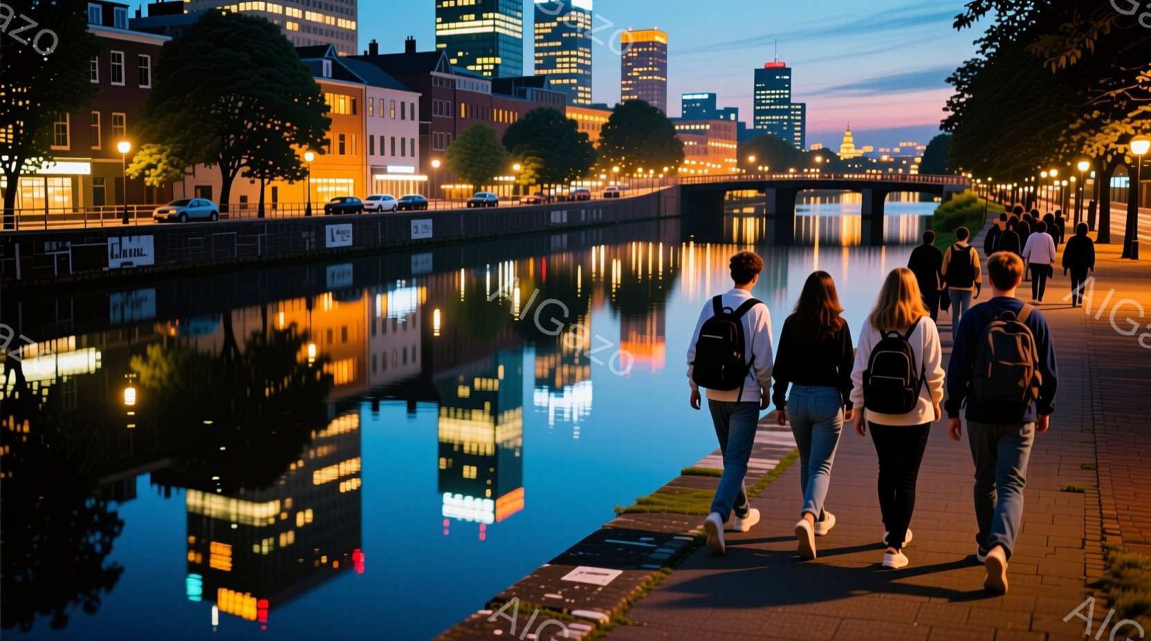 夜の運河沿いを数人の人々が歩いている様子が描かれている。彼らは皆、バックパックを背負い、カジュアルな服装で、リラックスした姿勢で歩いている。背景には、運河に反射するライトアップされた建物や、夕焼け空が広がり、穏やかで美しい雰囲気を醸し出している。