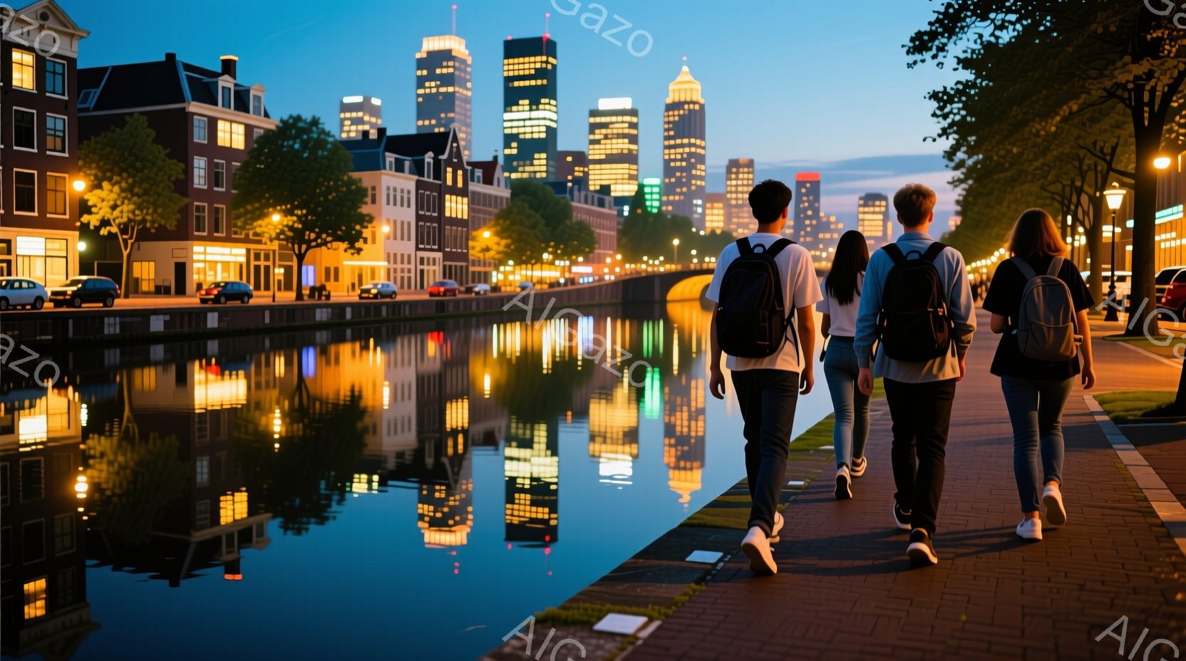 夜の運河沿いを、リュックを背負った三人の人物が歩いている。彼らは皆カジュアルな服装で、男性は黒いTシャツとズボン、女性はジーンズと黒いトップスを着ている。運河の水面には周囲の建物が映り込み、モダンな高層ビルと歴史的な建造物が混在する美しい夜景が広がっている。