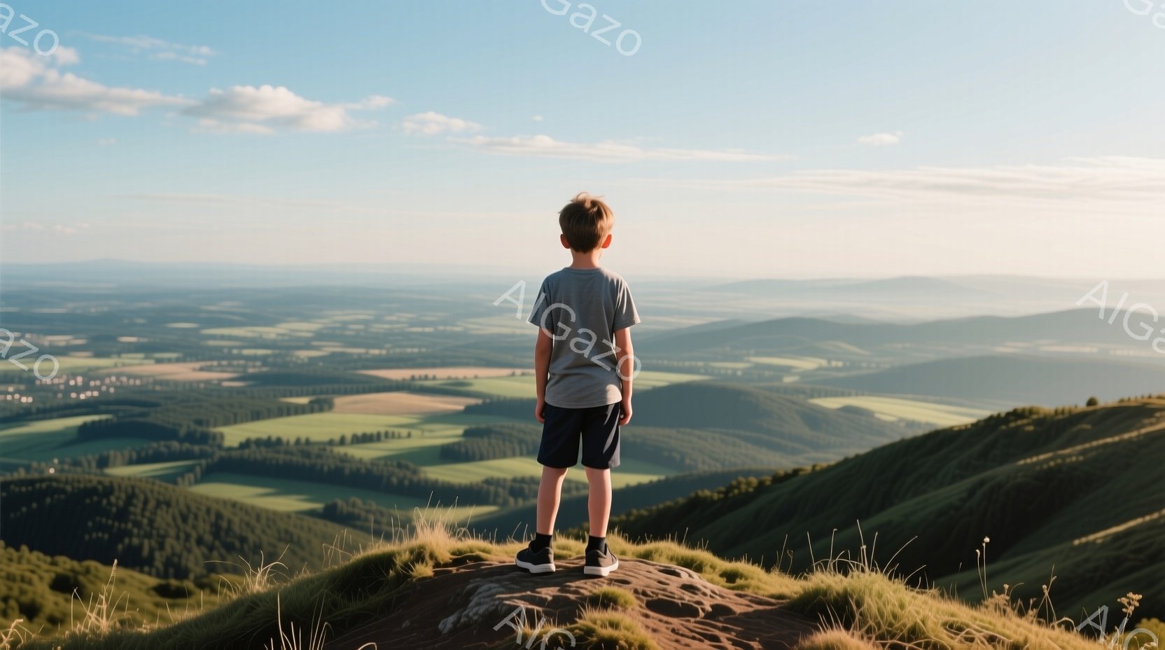 若い少年が緑豊かな丘の上に立っており、短いズボンと灰色のTシャツを着ています。背景には緑の森林と農地が広がり、遠くには霞んだ山々が見えます。空は晴れており、全体的に穏やかで平和な雰囲気が漂っています。 - AI生成フリー素材