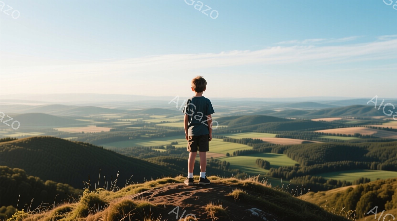 短い髪の少年が、緑豊かな丘の上に立っている。彼は濃い青色のTシャツと黒いショーツを着用し、白い靴下とスニーカーを履いている。背景には、遠くへ続く緑の丘と畑が広がり、穏やかな日差しが降り注いでいる。