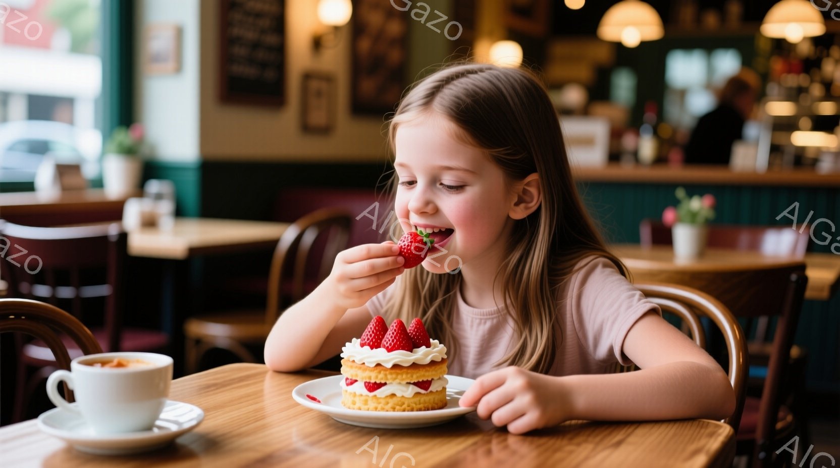 小さな女の子が、クリームとイチゴが飾られた小さなケーキを美味しそうに頬張っています。彼女は薄いピンク色の長袖シャツを着ており、髪は後ろで三つ編みにされています。背景には、木製のテーブルと椅子が並び、カフェのカウンターが見える、温かく居心地の良い雰囲気の店内です。