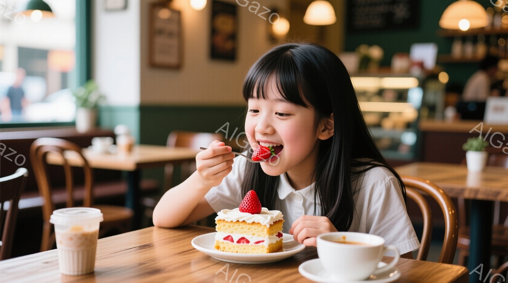 黒髪を肩まで伸ばした女の子が、クリームとイチゴが乗ったケーキをフォークで口に運んでいます。白いシャツを着ており、満面の笑みを浮かべて楽しんでいる様子が伺えます。背景にはカフェのテーブルや椅子が見え、温かく明るい雰囲気です。