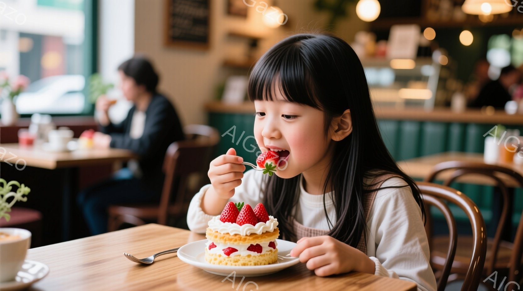 長い黒髪の少女が、クリームとイチゴで飾られた小さなケーキをフォークで食べようとしています。彼女は薄いクリーム色のセーターを着ており、幸せそうに微笑んでいます。背景にはカフェの様子が見え、木製のテーブルと椅子、そして他の客がぼんやりと見えます。