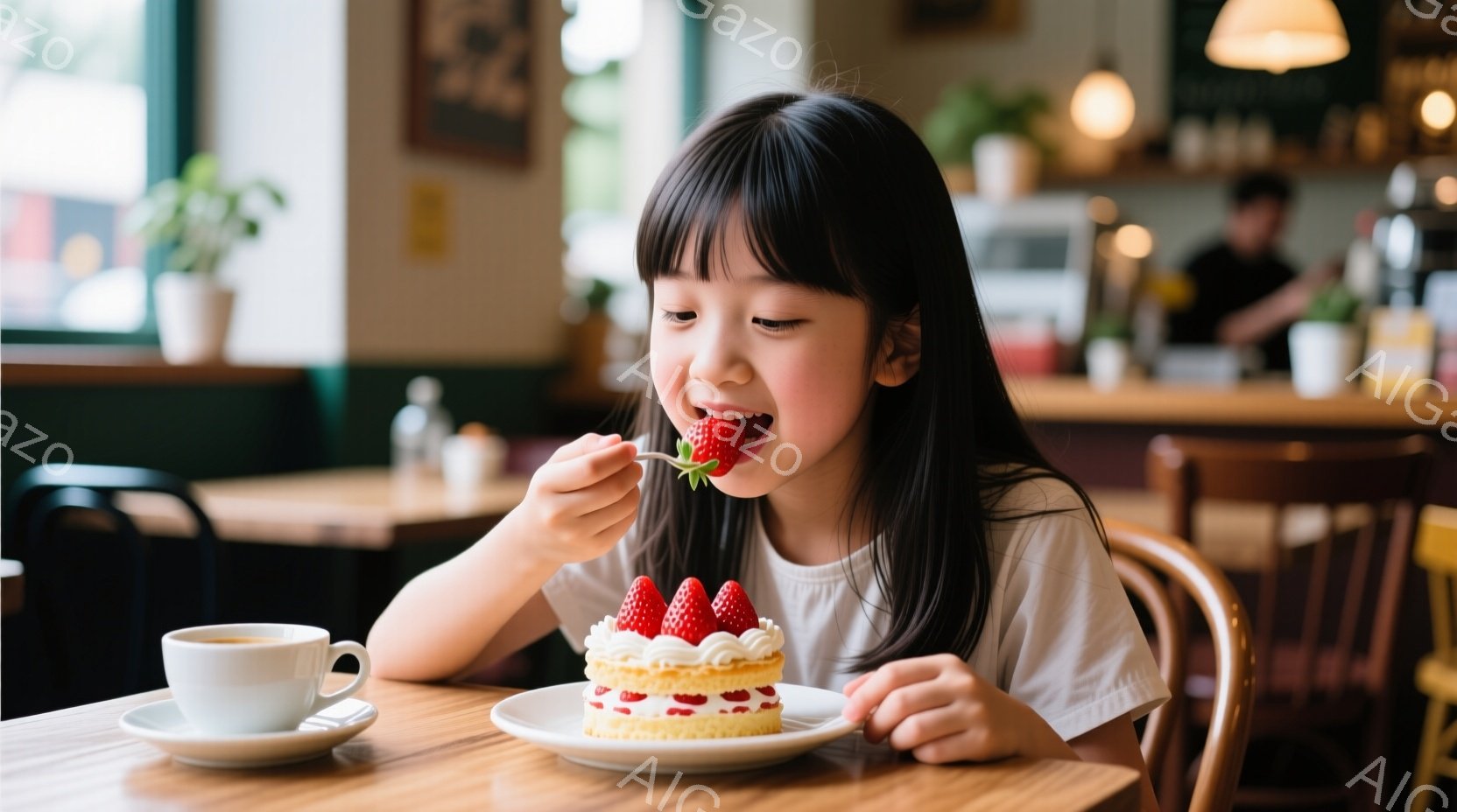 茶髪の幼い女の子が、クリームとイチゴが飾られた小さなケーキをフォークで食べようとしています。彼女は白いTシャツを着ており、顔は幸せそうに微笑んでいます。背景には木製のテーブル、コーヒーカップ、そしてカフェのような暖かい室内空間が見え、穏やかで心地よい雰囲気が漂っています。
