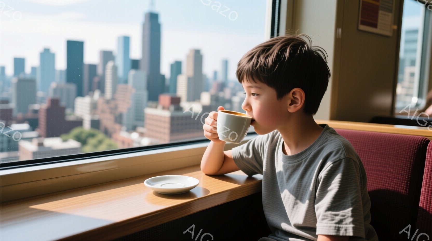 少年は窓の外の街並みを眺めながら、白いカップから何かを飲んでいます。灰色のTシャツを着ており、短く整えられた黒髪が特徴的です。背景には高層ビル群が広がり、晴れた日の穏やかな雰囲気が伝わってきます。
