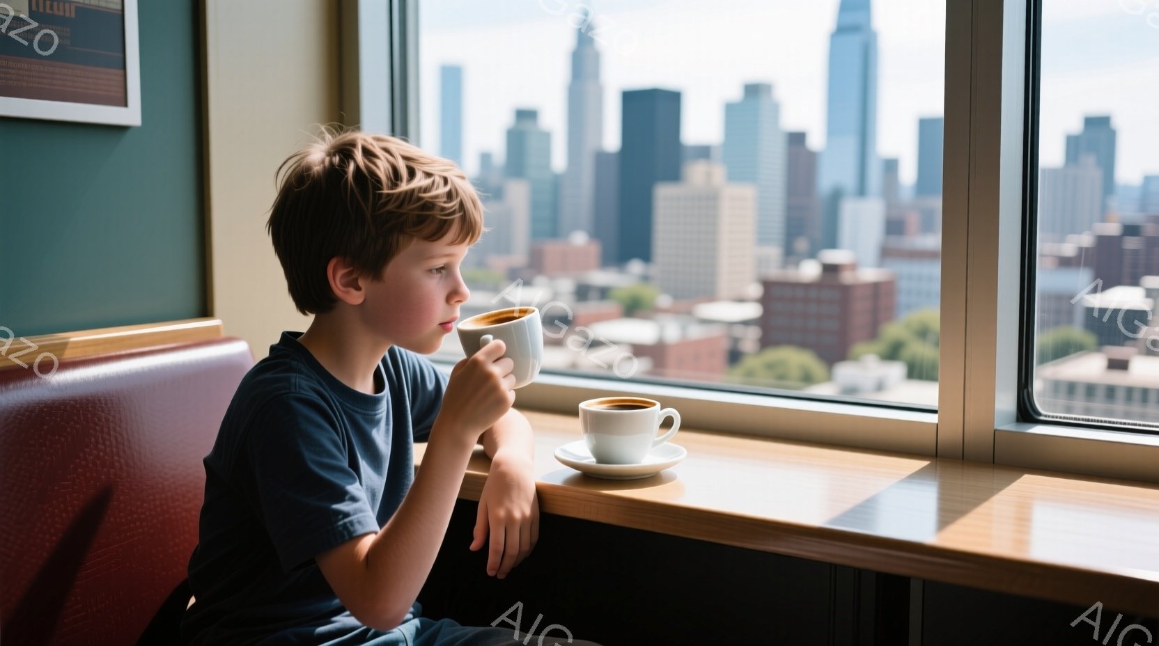 若い少年がコーヒーカップを持って窓の外を見つめています。彼は濃い青色のTシャツを着ており、少しカールした茶色の髪をしています。窓の外には高層ビル群が広がり、晴れた空と緑豊かな風景が広がっており、落ち着いた、瞑想的な雰囲気を醸し出しています。