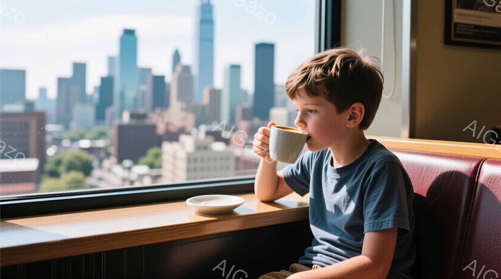 少年は窓際の席で、カップを持って何かを飲んでいる様子が描かれています。彼は青いTシャツを着ており、茶色の髪は短くカットされています。背景には高層ビル群が広がり、晴天の下、都会の風景が広がっています。