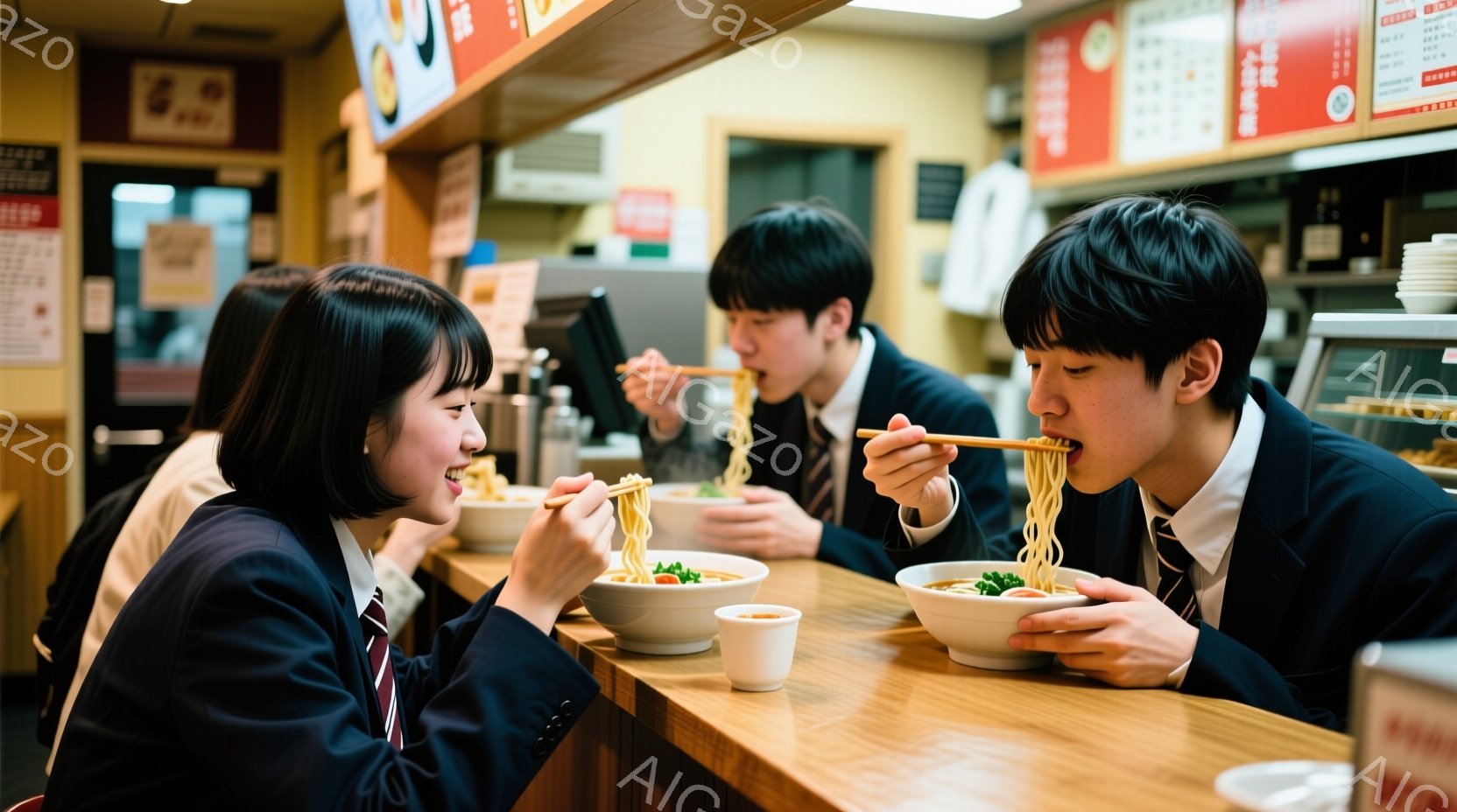 制服を着た高校生たちがカウンター席でラーメンを食べている様子が写っている。彼女たちは皆、黒髪で、笑顔を見せながら麺をすすっている。背景にはラーメン屋のメニューと調理スペースが見え、活気のある店内の雰囲気が伝わってくる。