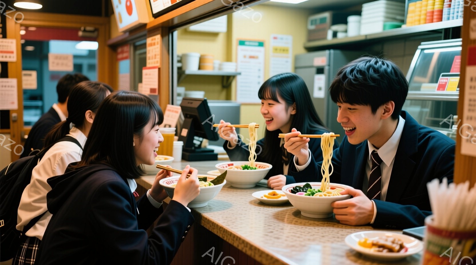 制服を着た女子高生二名と男子高生一名がカウンター席で食事をしている様子が写っている。三人は皆笑顔で麺類を食べており、特に女子高生は楽しそうに笑っている。カウンターの奥には調理器具やメニューが並び、手前に食べかけの皿と箸立てが見え、活気のある食堂の雰囲気である。