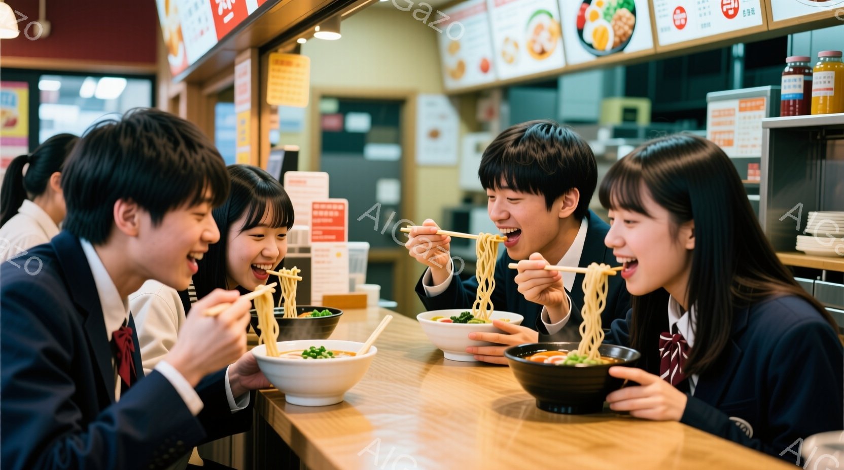 制服を着た高校生たちがラーメンを食べている様子が写っている。彼らは皆、満面の笑みを浮かべ、箸を使って麺をすすっている。背景にはラーメン店のメニューや照明が見え、活気のある食事が楽しめている雰囲気が伝わってくる。