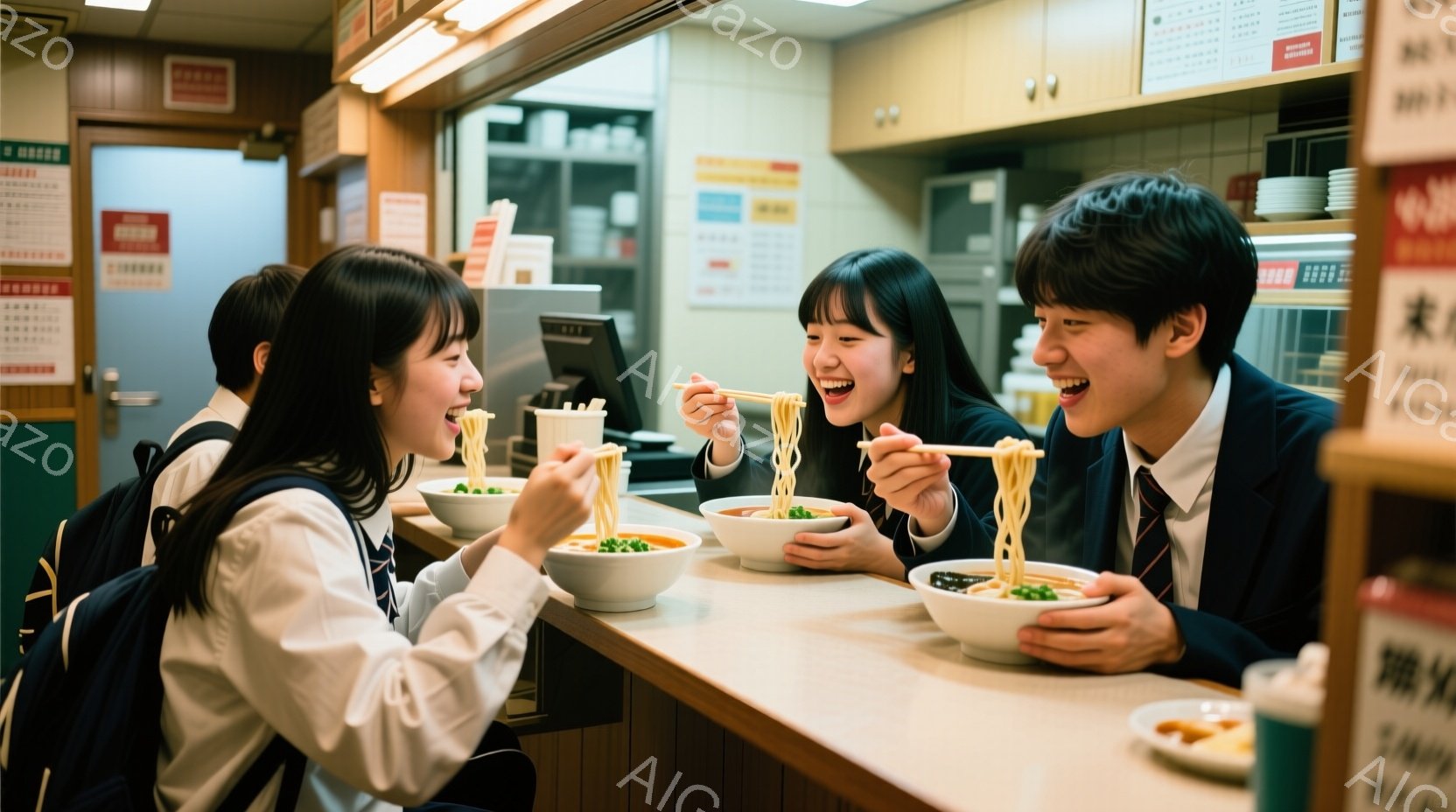 制服を着た高校生数人がカウンター席でラーメンを食べている様子が写っている。彼らは皆笑顔で、楽しそうに麺をすすっている。背景にはラーメン屋の厨房やメニュー、そしてカウンター席が並び、賑やかな雰囲気である。