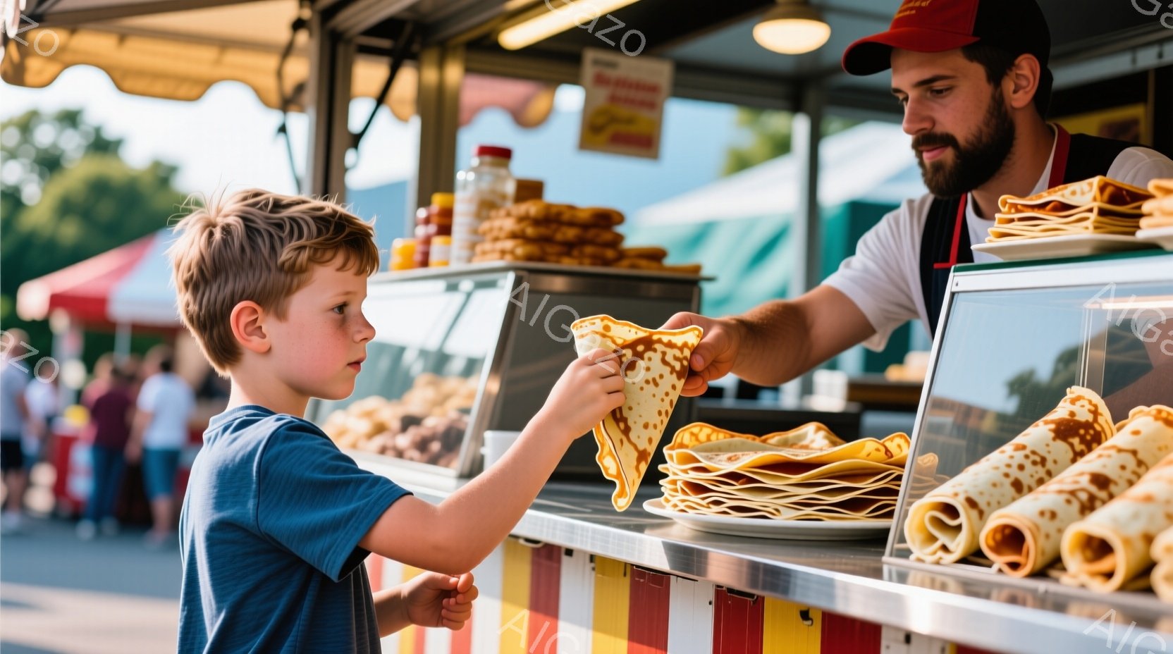 少年がクレープを受け取ろうと手を伸ばしています。彼は青いTシャツを着ており、少し緊張した表情をしています。背景には、クレープや焼き菓子が並んだ屋台と、ぼやけた人々の姿が見え、晴れた日の賑やかなイベント - AI生成フリー素材