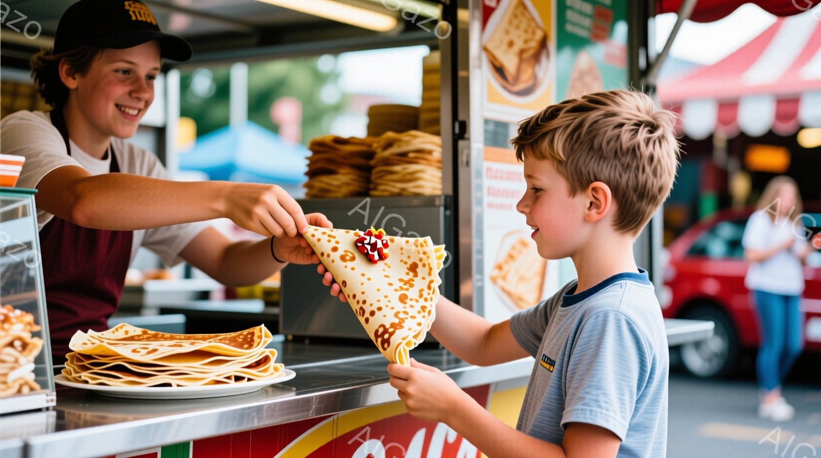 若い女性が、クレペを少年へと渡そうとしています。少年は青いシャツを着ており、クレペを受け取るために手を伸ばしています。背景には、クレペの屋台と、ぼやけた背景に人々や赤い車が見え、晴れた日の賑やかな市場の雰囲気です。