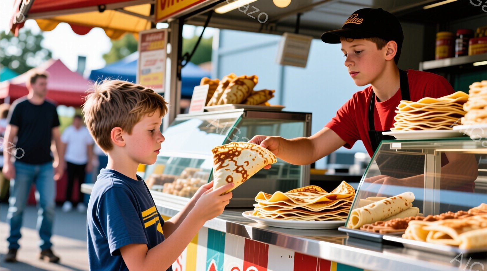 若い男の子がクレープを受け取ろうとしており、少し興奮した表情をしています。彼は青いＴシャツを着ており、髪は短く明るい茶色です。背景にはクレープを販売する屋台があり、多くのクレープが積み重ねられており、屋台の奥には他の人々が見えます。