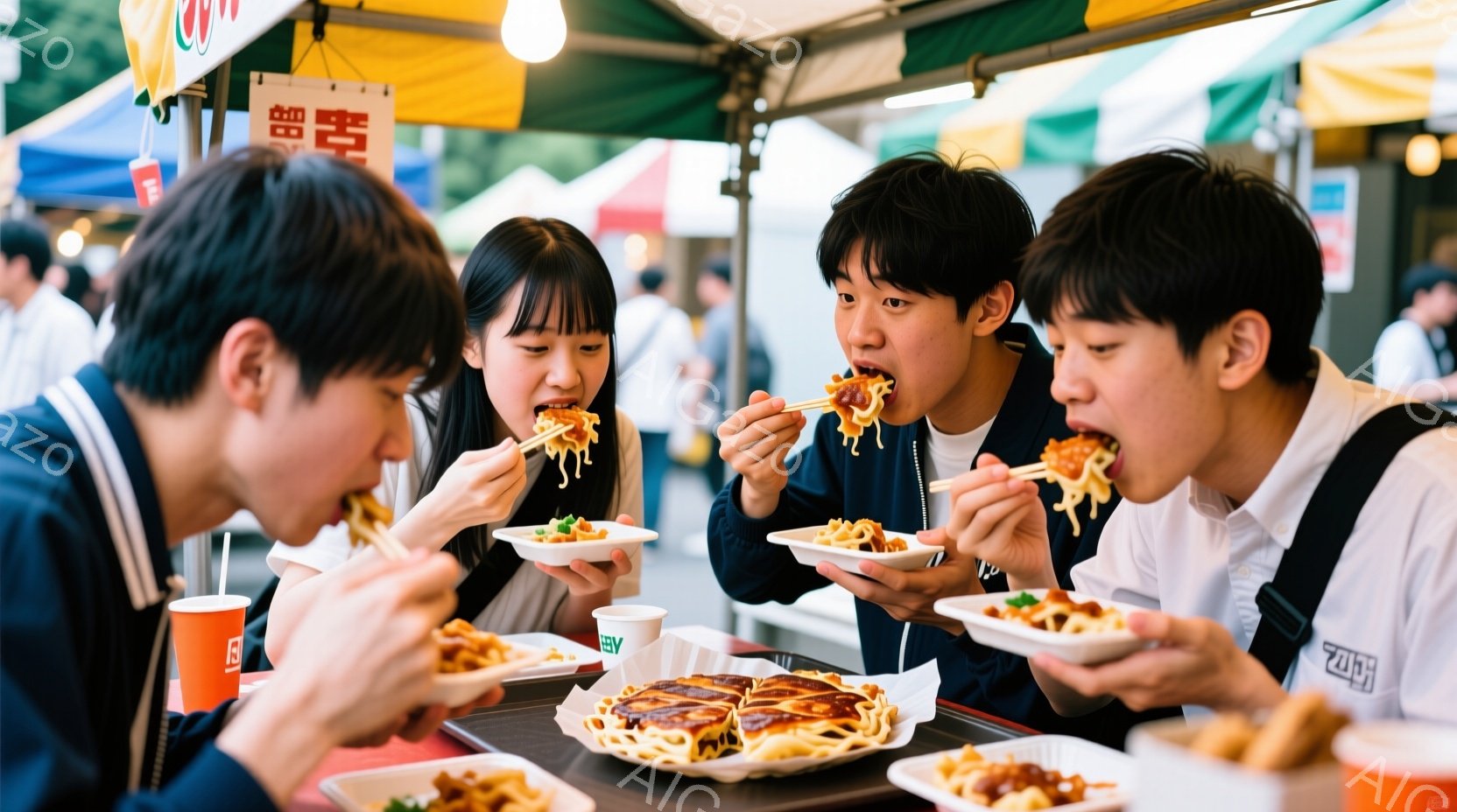 屋台の前に座ってたこ焼きを食べる若い男女が写っています。彼らは皆、制服のような青いジャケットを着用しており、髪型はそれぞれ異なりますが、皆、楽しそうな表情でたこ焼きに集中しています。背景には屋台のテントと、少しぼやけた人々の姿が見え、賑やかなお祭りのような雰囲気です。