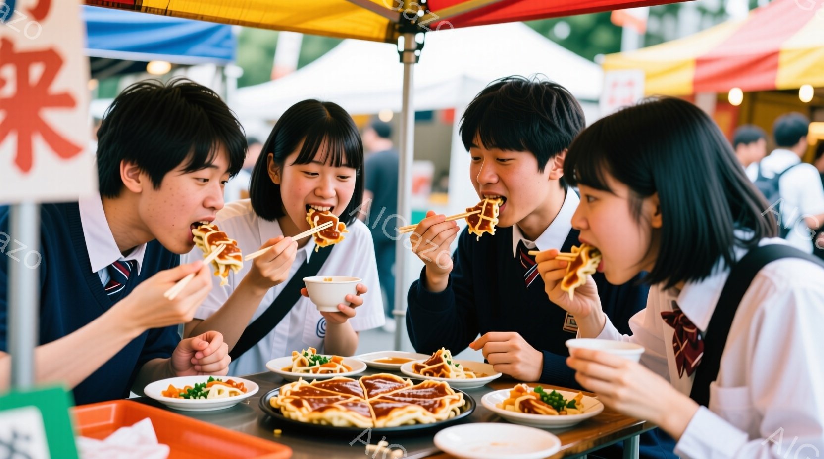 制服を着た四人の学生が屋台の前に座り、たこ焼きを食べている。彼らは皆、笑顔で楽しそうにたこ焼きを頬張り、活気のあるお祭りの雰囲気を楽しんでいるようだ。背景には他の人々や屋台が見え、晴天の下で賑やかなイ - AI生成フリー素材