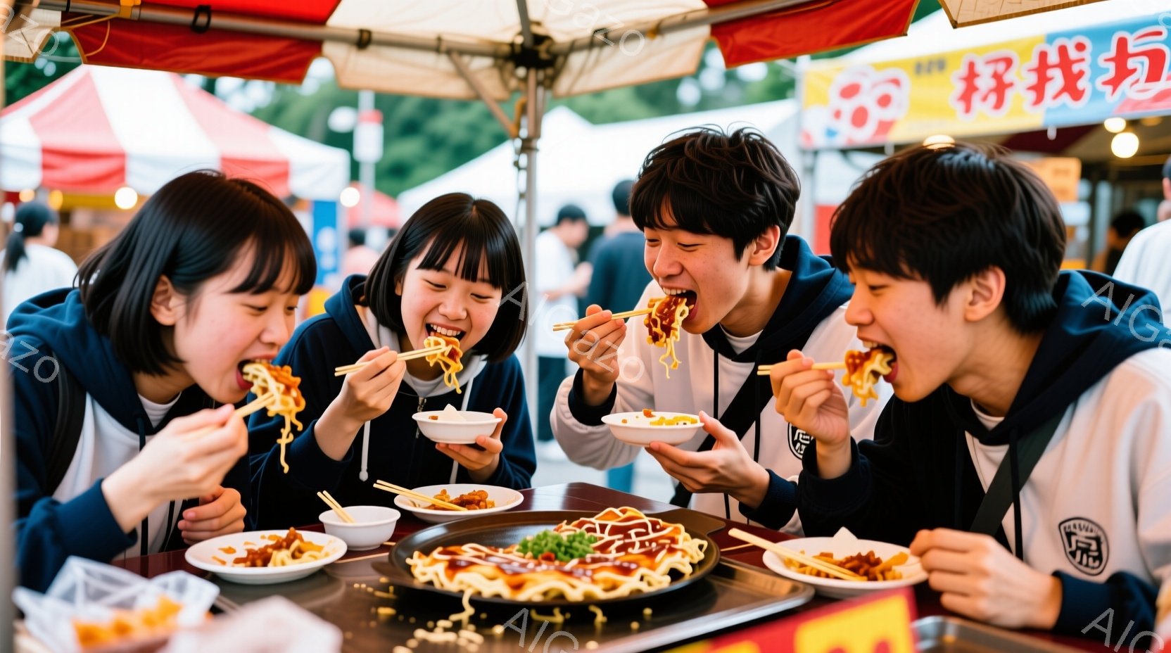 4人の若い男女が、屋台で焼きそばを美味しそうに食べている様子が写っている。彼らは皆、白いジャケットのような服を着ており、髪型はそれぞれ異なるが、皆笑顔で、楽しげな表情をしている。背景には、他の屋台や人々が見え、活気のあるお祭りの雰囲気が伝わってくる。