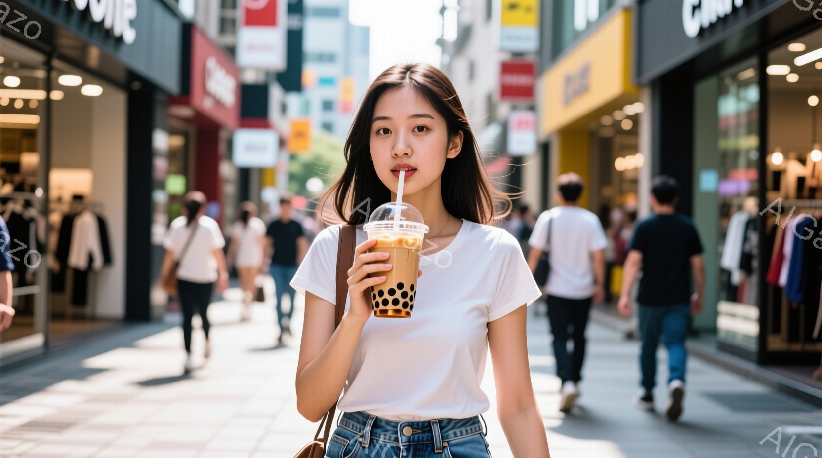 若い女性がバブルティーを持ってカメラの方を見ています。白いTシャツとジーンズを着ており、長い黒髪は肩にかかっています。背景には、多くの歩行者と店舗が並ぶ賑やかな通りが広がっており、晴れた日の明るい雰囲気です。