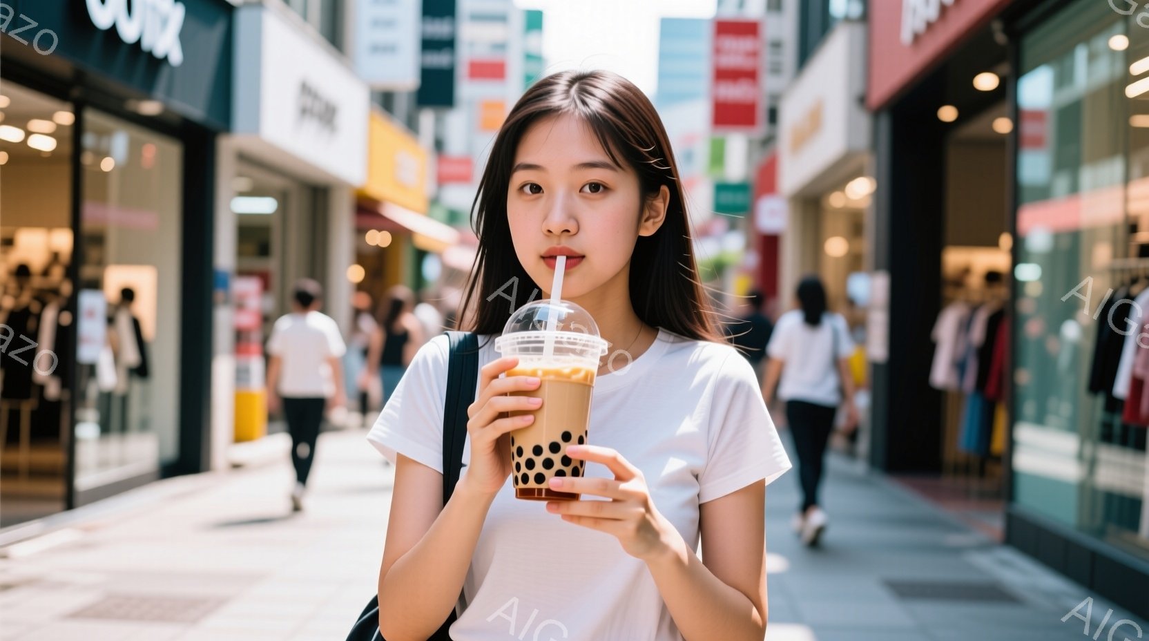 若い女性がバブルティーを持ってカメラに向かって微笑んでいます。彼女は白いTシャツを着ており、黒髪を肩まで伸ばしています。背景には、店が並ぶ通りと人々が歩いている様子が見え、晴れた日の賑やかな雰囲気が伝 - AI生成フリー素材