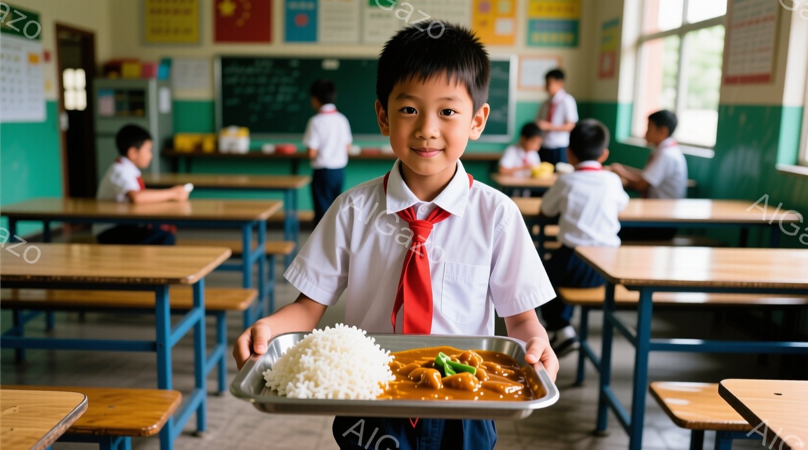 茶髪の短い髪型をした男の子が、給食のトレーを正面に向けて持ち、笑顔でこちらを見ている。白いシャツに赤いネクタイ、濃い青色のズボンという制服姿で、背景には教室の机と生徒たちがぼやけて写っている。明るい光が差し込み、教室全体が活気に満ちた雰囲気を醸し出している。