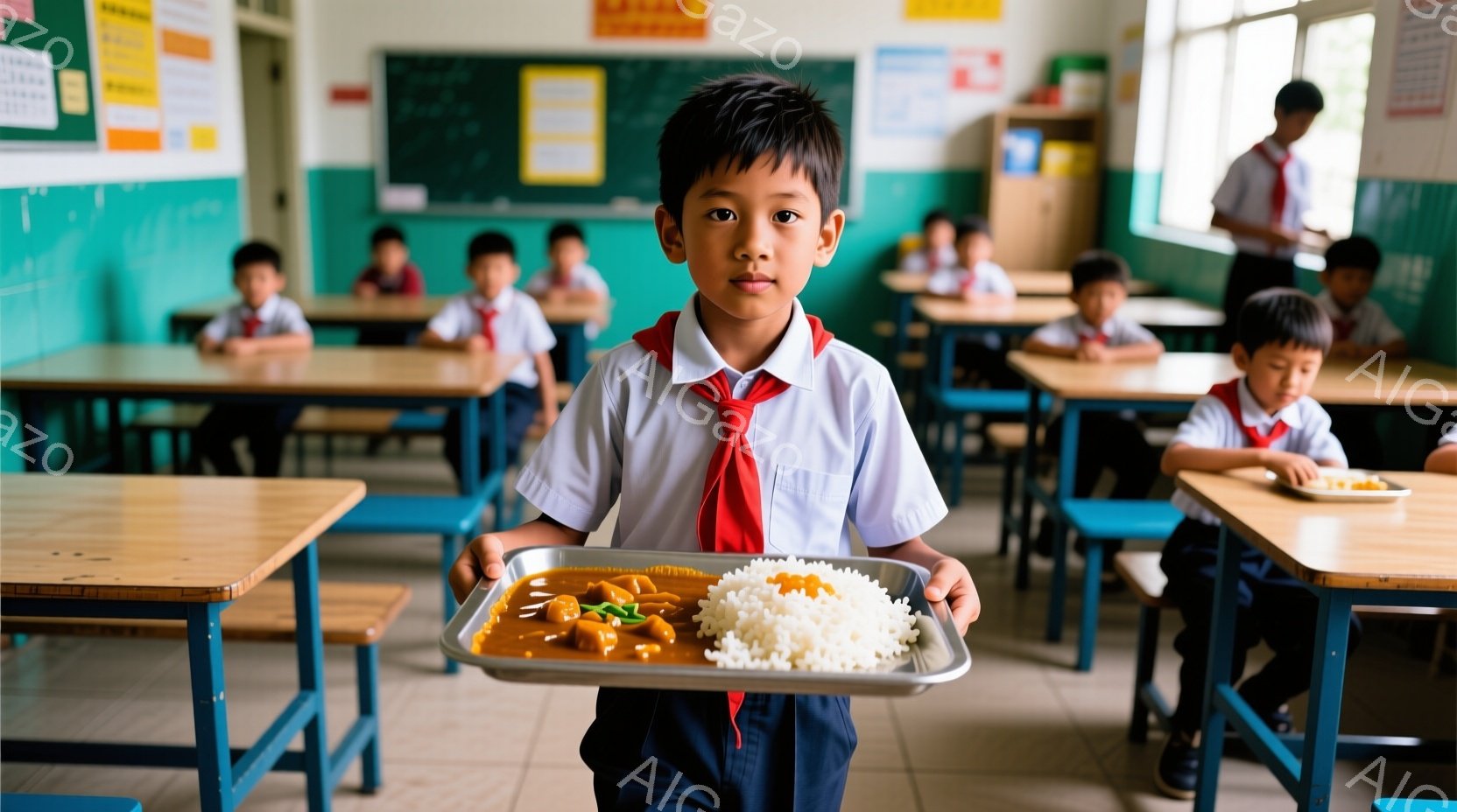 制服を着た少年が給食のトレイを持って正面を見つめており、少し緊張した表情を浮かべている。背景には同じ制服を着た生徒たちが教室で食事をしており、壁には掲示物が貼られている。教室は明るく、給食の時間という日常的な光景が捉えられている。