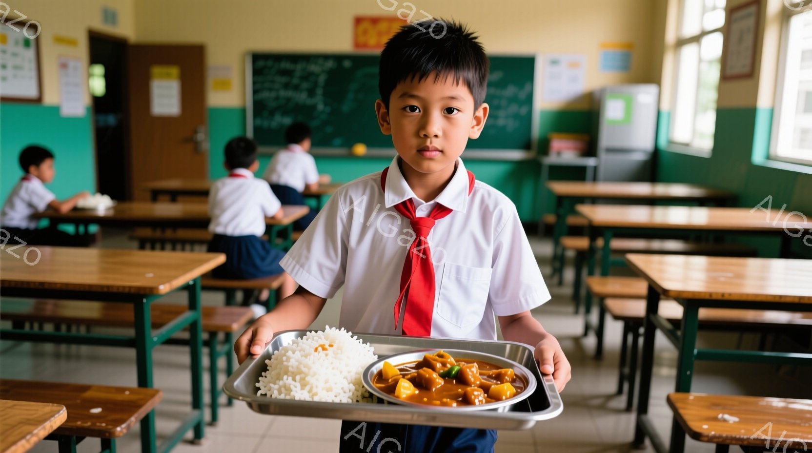 制服を着た少年が、トレイに盛られたご飯とカレーを正面に見つめながら持っています。彼は短く刈り込んだ髪で、真剣な表情を浮かべており、教室の奥には他の生徒たちが食事をしている様子が見えます。教室は簡素な造りで、緑色の机と椅子が並び、壁には黒板があり、全体的に落ち着いた雰囲気です。