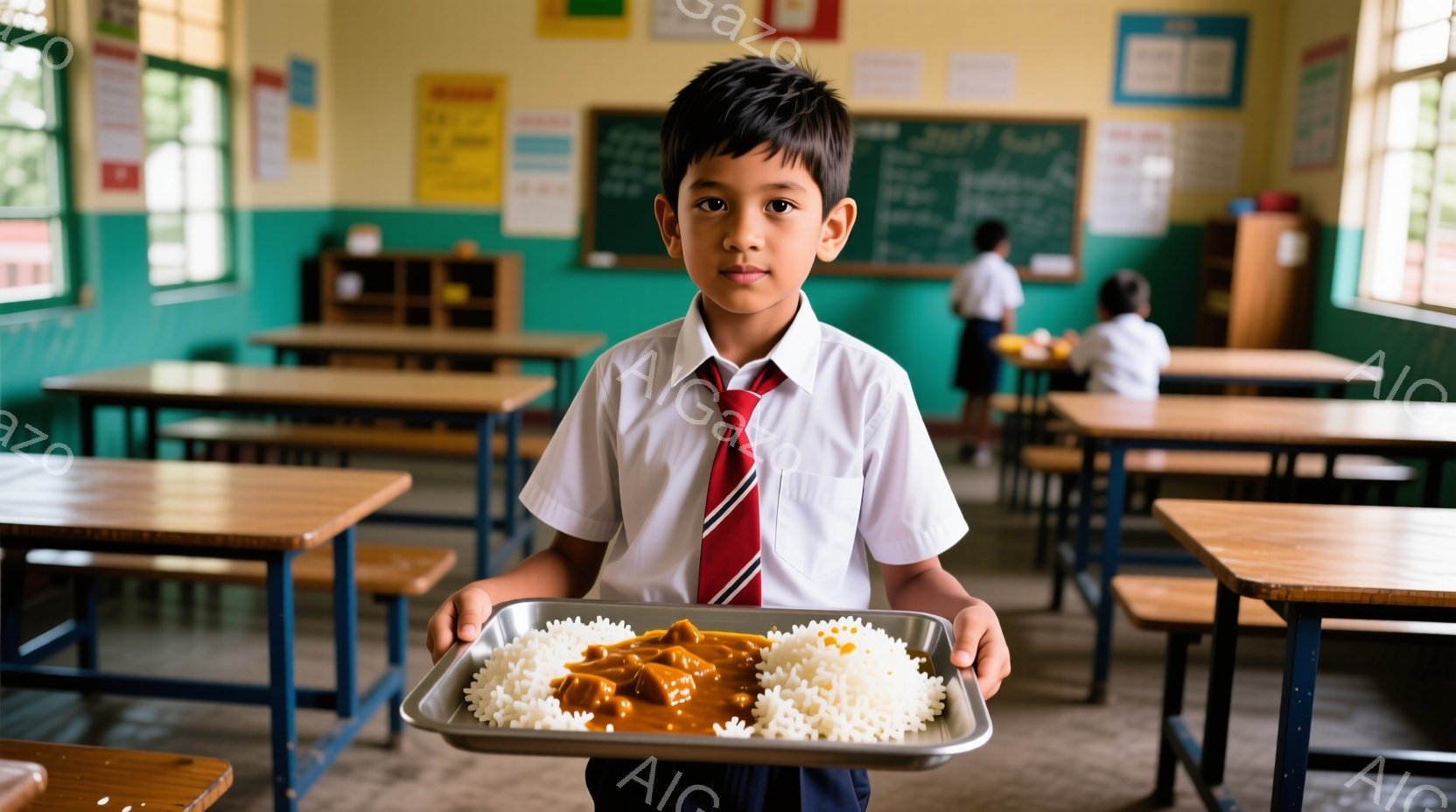 少年は紺色のズボンと白のシャツ、赤いネクタイを着用し、真剣な表情で銀色のトレイに盛られたカレーとご飯を正面に向けて持っています。教室には木製の机と椅子が整然と並び、黒板には文字が書かれています。明るい室内と少年の真剣な表情から、学校給食の時間であることがうかがえます。