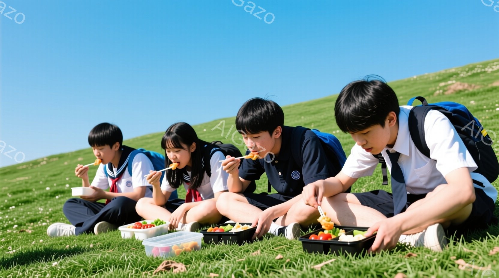 緑の丘で、制服を着た4人の生徒が昼食をとっています。紺色のブレザーに白いシャツ、チェックのスカートまたはズボンを着用し、皆リュックサックを背負っています。晴れた空の下、笑顔で弁当箱から食事を取り、楽しそうに食事をしています。