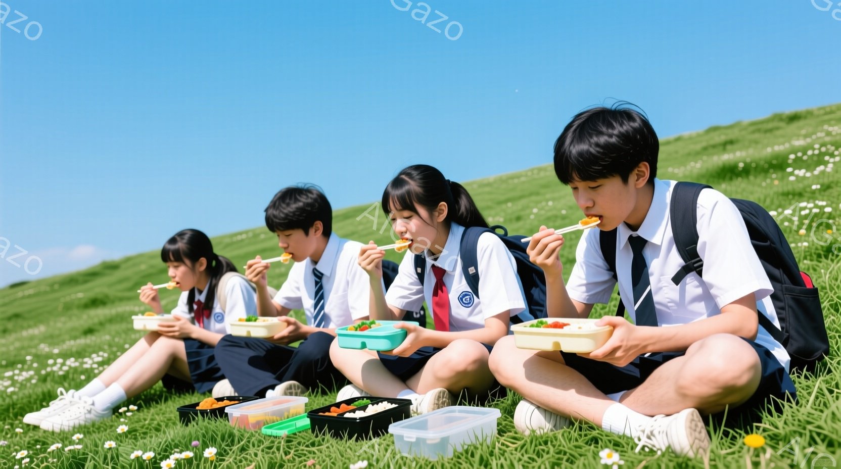 4人の学生が緑豊かな草原に座り、お弁当を食べている様子が写っている。制服姿で、白いシャツに紺色のズボンまたはスカートを着用し、黒髪または暗い髪を短くまたは長く結んでいる。青空の下、白い花が咲き乱れる草原で、明るく開放的な雰囲気を感じさせる。