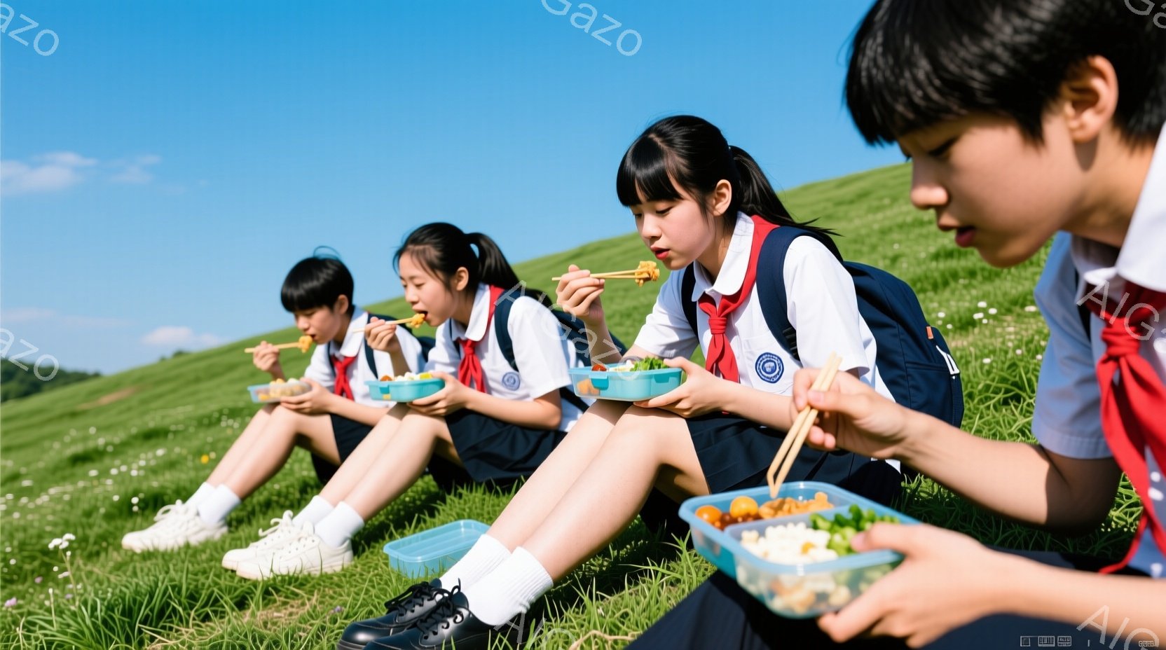 制服を着た女子高生たちが緑の丘で弁当を食べている。彼女たちは皆、紺色のブレザー、白いシャツ、赤いリボンを着用し、黒い靴を履いている。空は晴れており、背景には緑豊かな自然が広がっており、活気があり、若々しい雰囲気が漂っている。