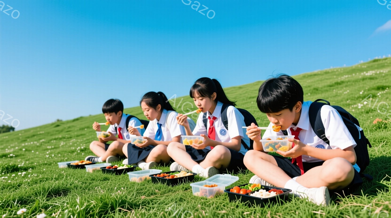 4人の学生が緑豊かな丘の上で昼食をとっています。彼らは皆、白いシャツ、紺色のスカートまたはズボン、赤いネクタイという制服を着ており、髪は短く、またはポニーテールに結ばれています。背景は晴れた空と緑の草で覆われた丘陵地帯であり、活気があり、のどかな雰囲気です。