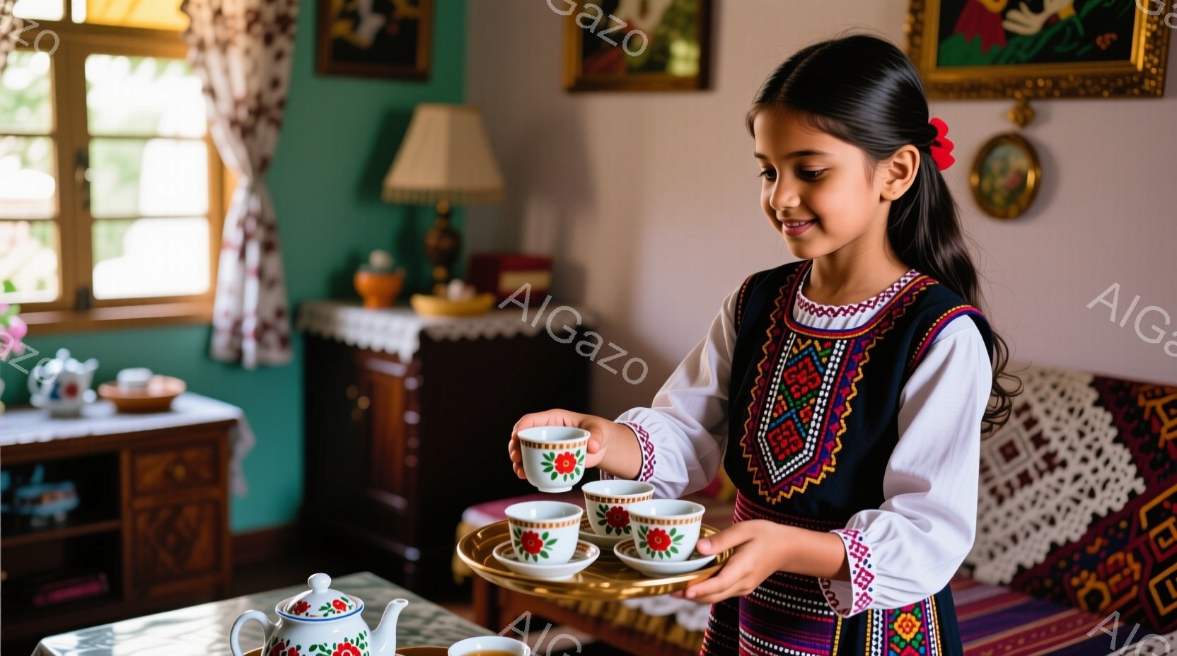 茶色の髪を後ろで一つに結んだ少女が、伝統的な刺繍が施されたベストと白いブラウスを着ています。彼女は金色のトレイに載った小さな茶碗を数個持ち、微笑みながら見つめており、姿勢は優雅です。背景には木製の家具や装飾が施された壁があり、温かく家庭的な雰囲気が漂っています。